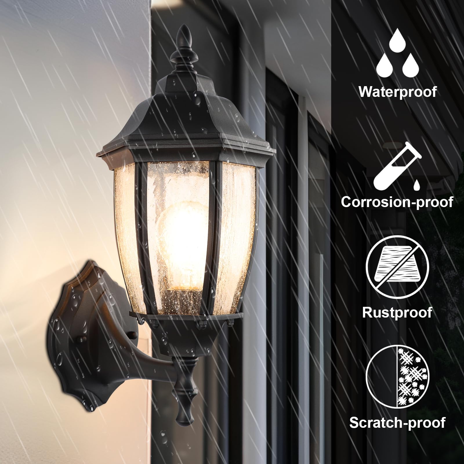 Lprzsg Outdoor Wall Lantern - 14&quot; Black Waterproof Porch Light With Seed Glass Shade