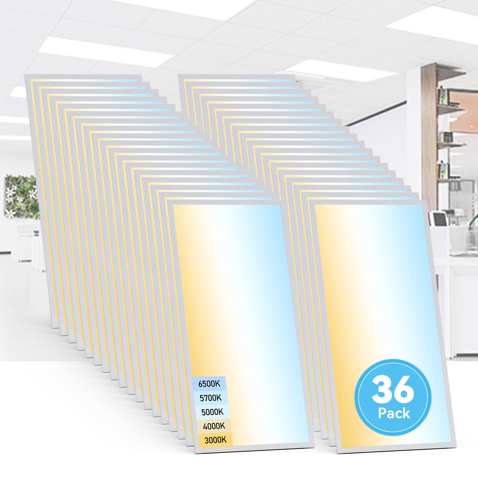 Aikvsxer 36 Pack 2X4 Led Flat Panel Light - Selectable 5 Cct 3000K-6500K & 5 Wattage 30-70W 7700Lm 0-10V Dimmable 2X4 Led Drop C