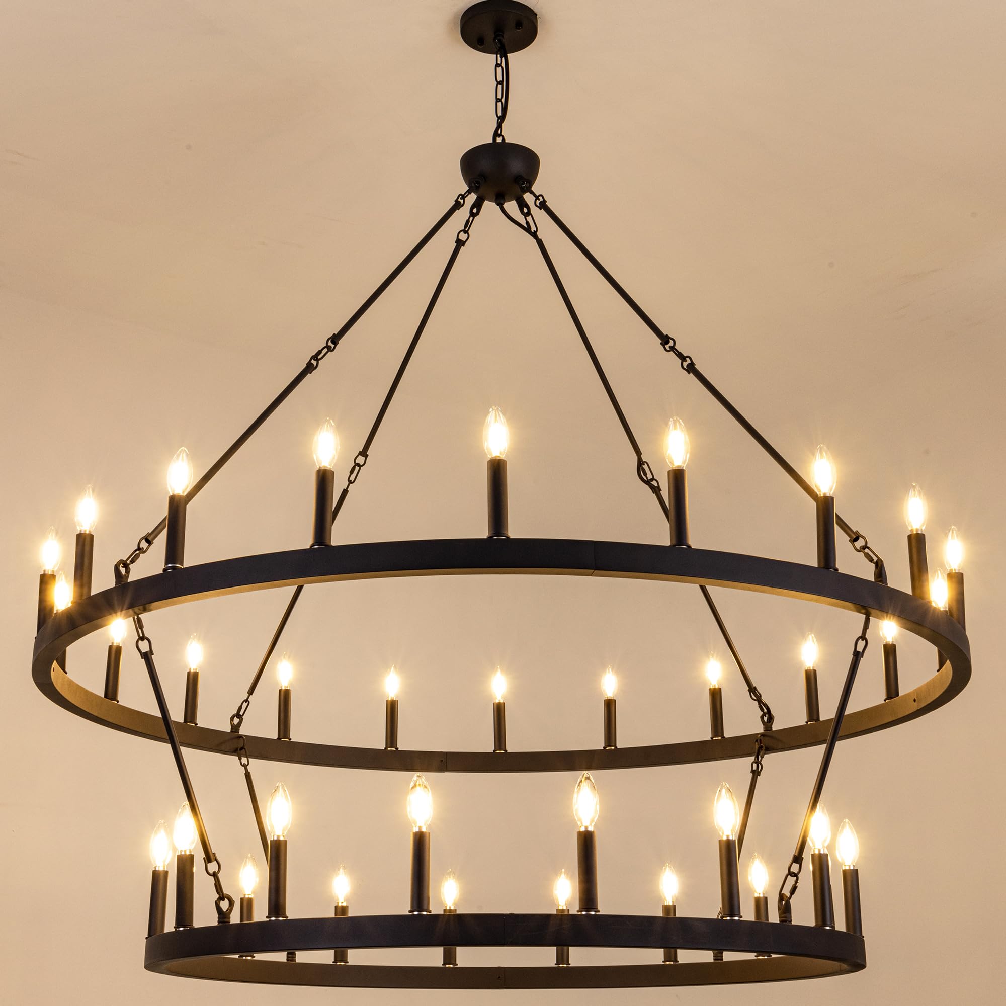 Wellmet Large Dining Room Chandelier, Black 2 Tier Wagon Wheel Vintage Chandelier, Farmhouse Round High Ceiling Light Fixture, I