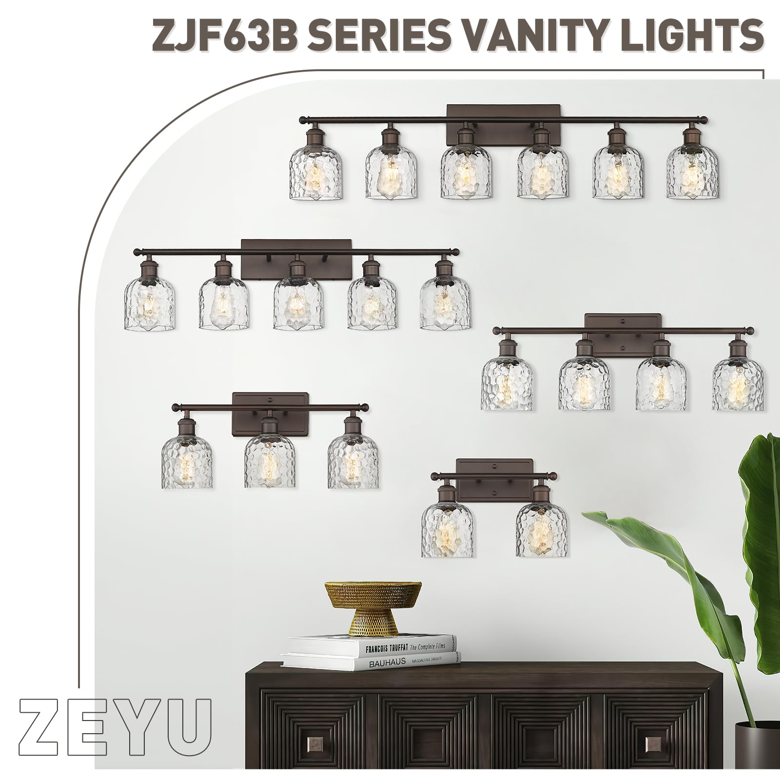 zeyu 4-Light Vintage Bathroom Vanity Fixture, Oil Rubbed Bronze, Clear Hammered Glass, Model ZJF63B-4W ORB