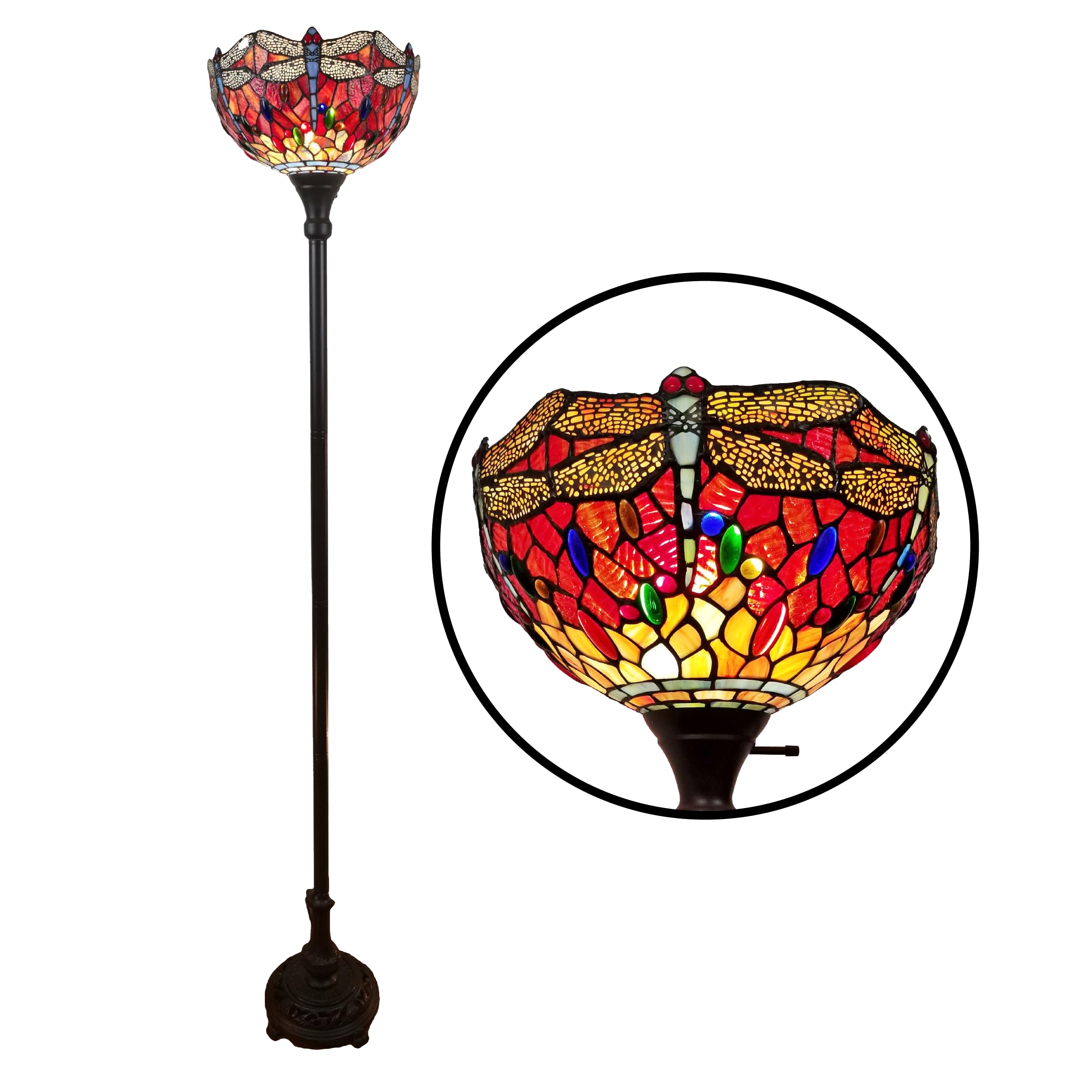 Amora Tiffany Floor Lamp - 74” Dragonfly Stained Glass, Multicolor, Model AM040FL14B