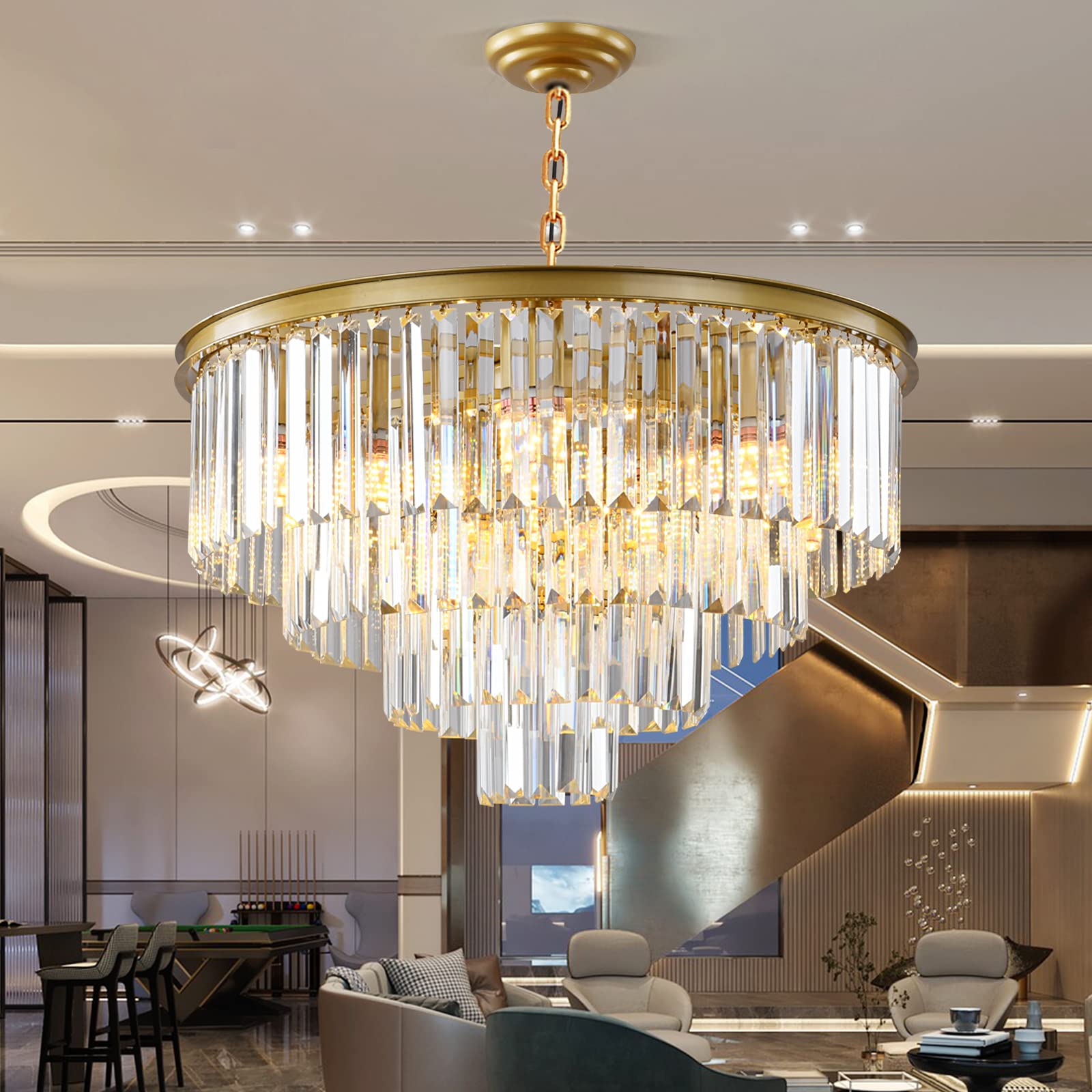 Laiuetai Gold Modern Crystal Chandelier  4-Tier Round Flush Mount Ceiling Light Fixtures Height Adjustable Pendant Lighting For Dining Room Living Room Bedroom Kitchen Hotel Foyer