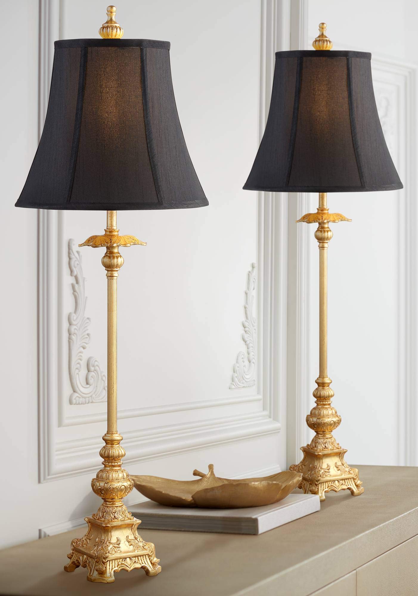 Regency Hill Buffet Table Lamps Set of 2, 36.5in Tall, Gold Metal, Black Fabric Bell Shade, Traditional Glam Style, Model 1R055