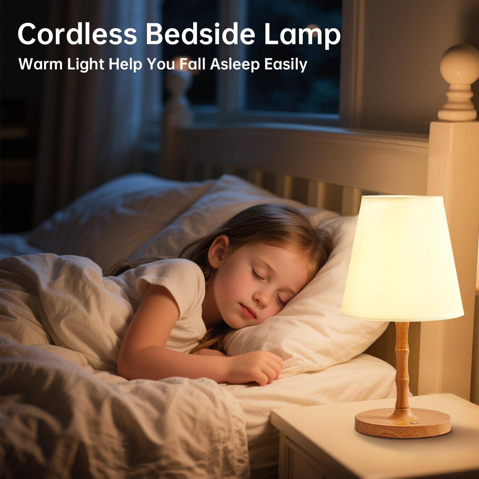 Dawnwake Cordless Rechargeable Table Lamp, Small Fabric Shade, Touch Dimmable, Model TD3003, Ideal for Bedroom and Living Room