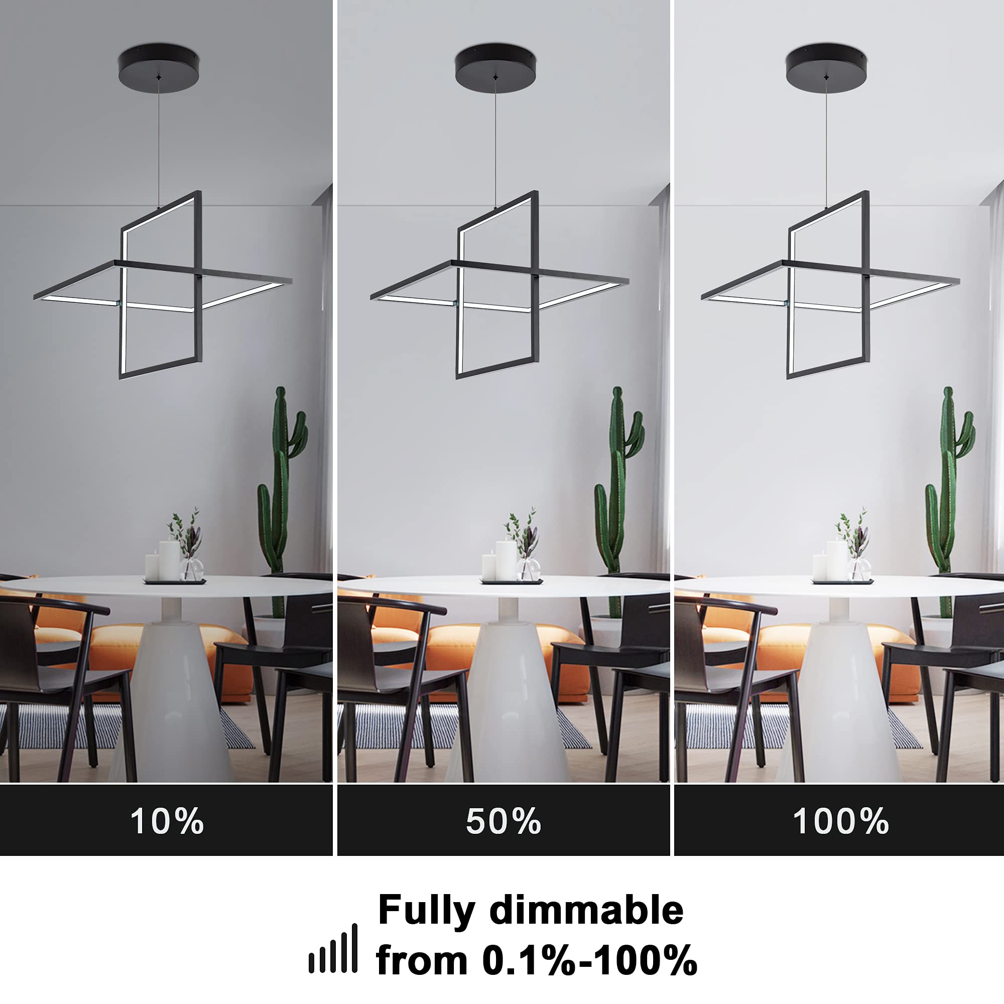 SUNMOO Modern LED Chandelier, Dimmable Square Pendant Light, 65W, 6000K Cool Light, Ideal for Living Room, Dining, Bedroom, Kitchen