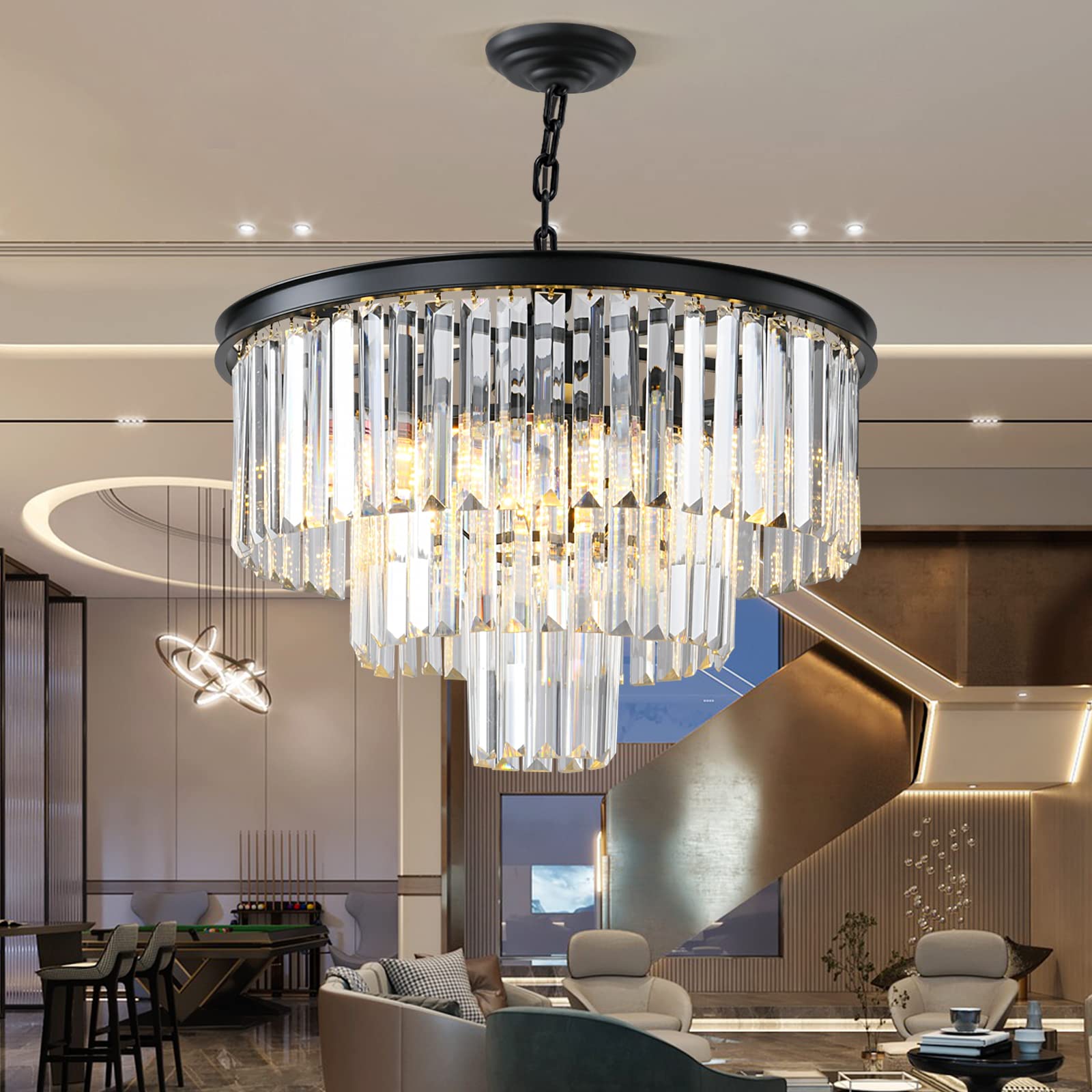 Laiuetai Black Modern Crystal Chandelier  3-Tier Round Flush Mount Ceiling Light Fixtures Height Adjustable Pendant Lighting For Dining Room Living Room Bedroom Kitchen Hotel Foyer