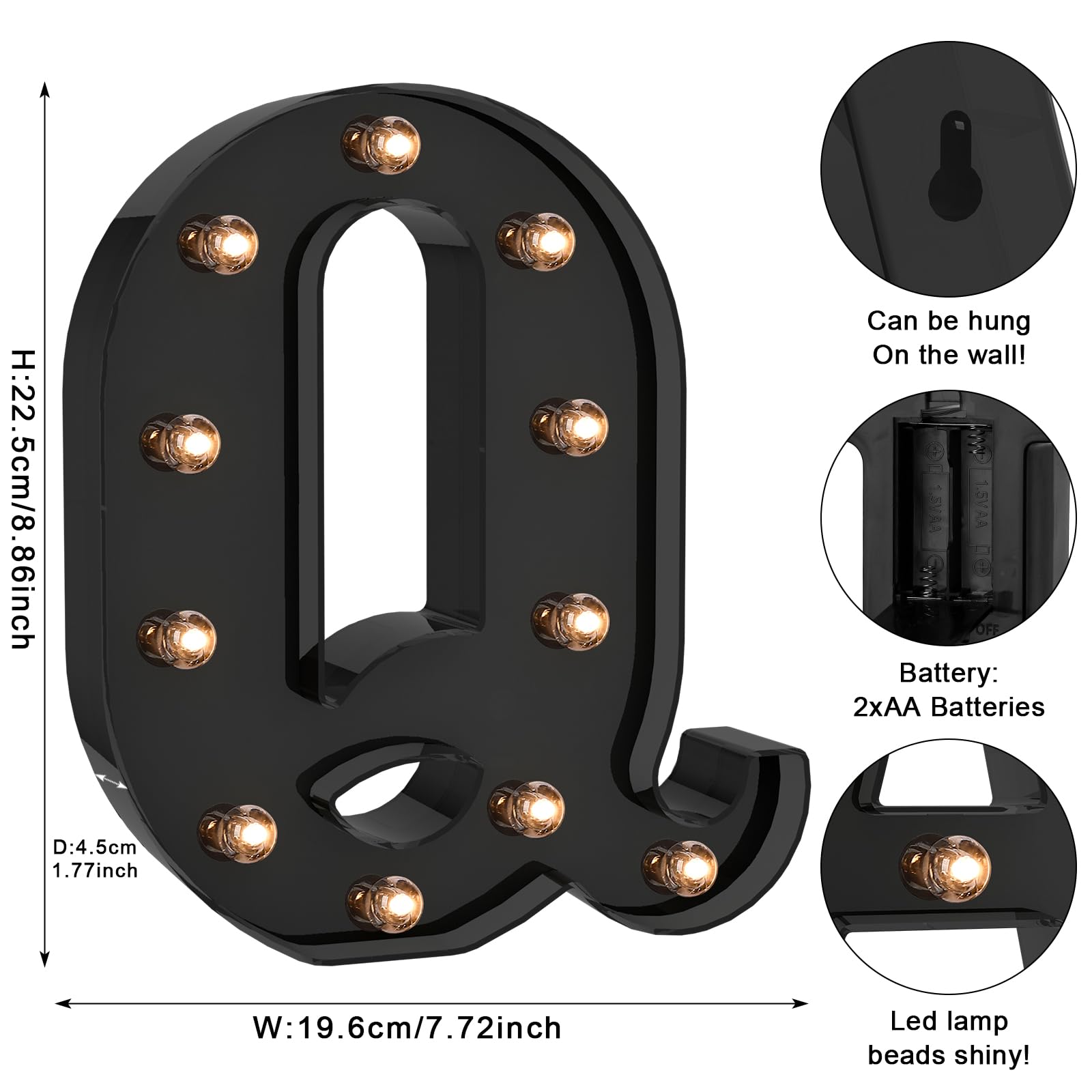 Foaky Black LED Letter Light - Battery Operated Alphabet Decor, Size Q, Plastic Material for Home, Wedding, and Party