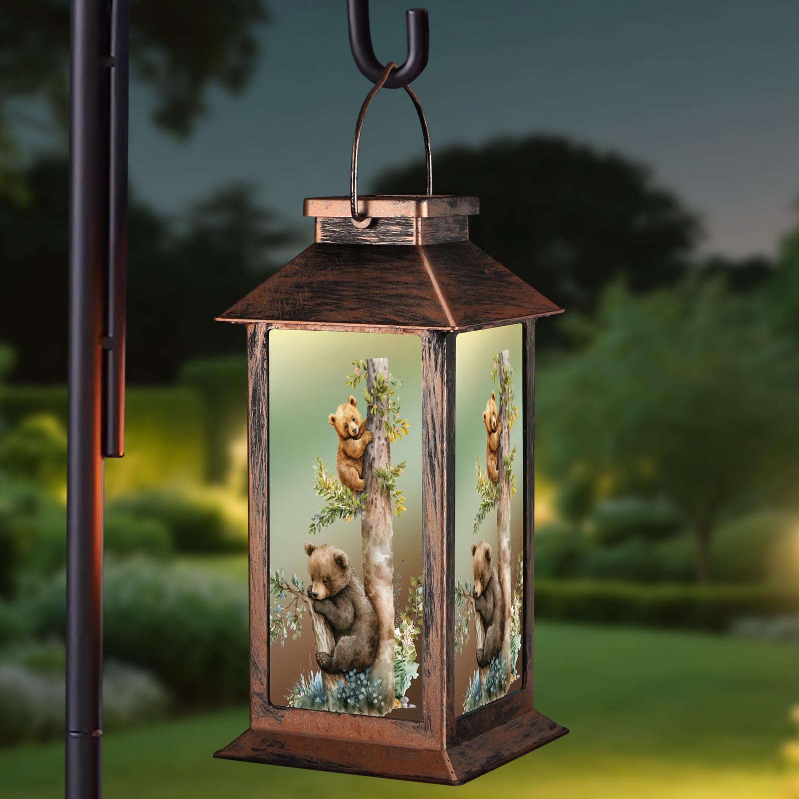 Outdoor Hanging Solar Lantern Waterproof Outside Bear Pattern Landscape Lights for Porch Garden Yard Patio Pathway Decor Birthda