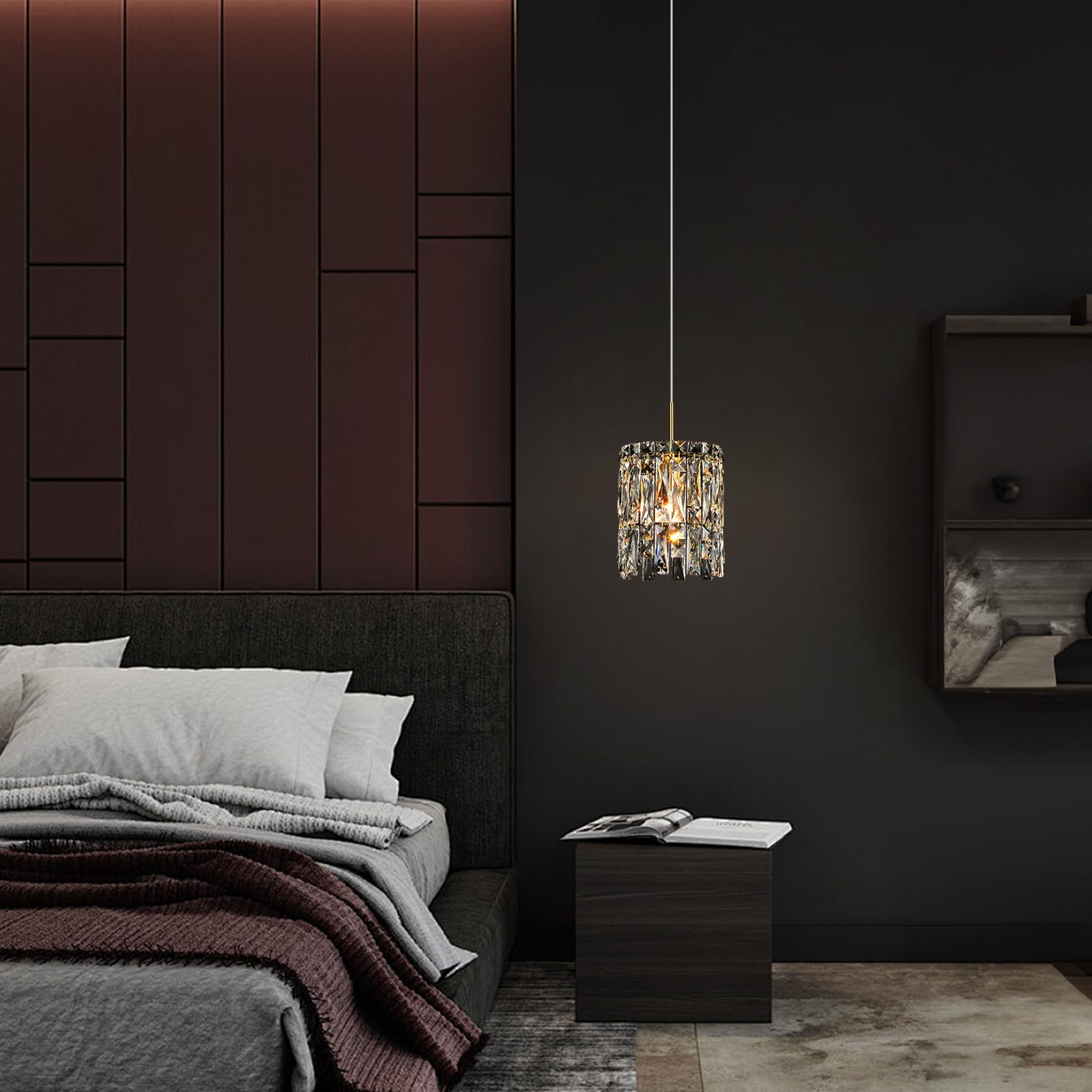 NISIDUN Modern K9 Crystal Pendant Light, Gold Metal Chandelier, 1-Light 6.7" for Kitchen Island, Dining Room, Entryway