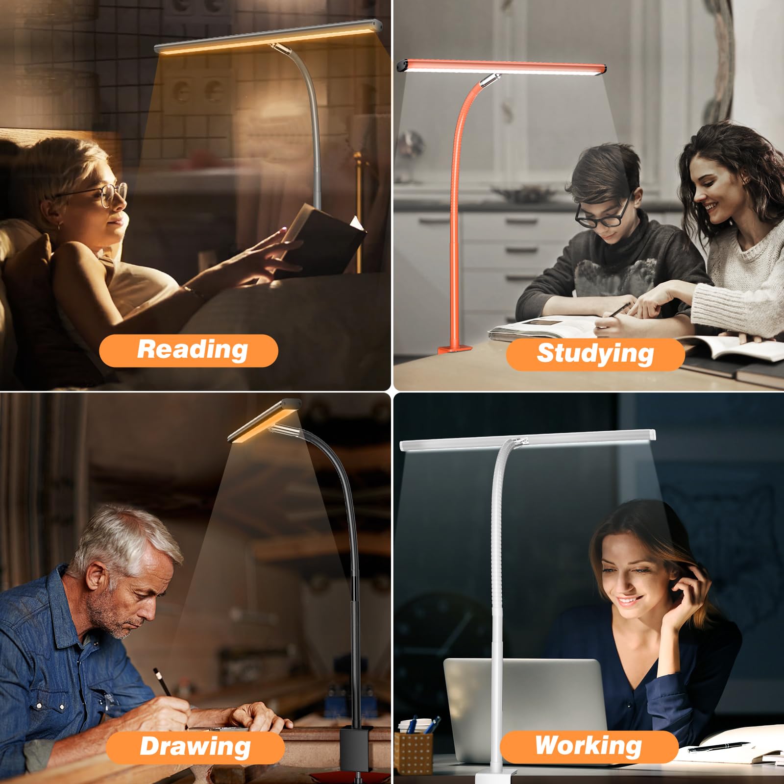 Airlonv LED Desk Lamp, Eye-Caring, Stepless Dimming, Gooseneck, Aluminum, Standard Size, Orange, Model HD-PL18DC1002