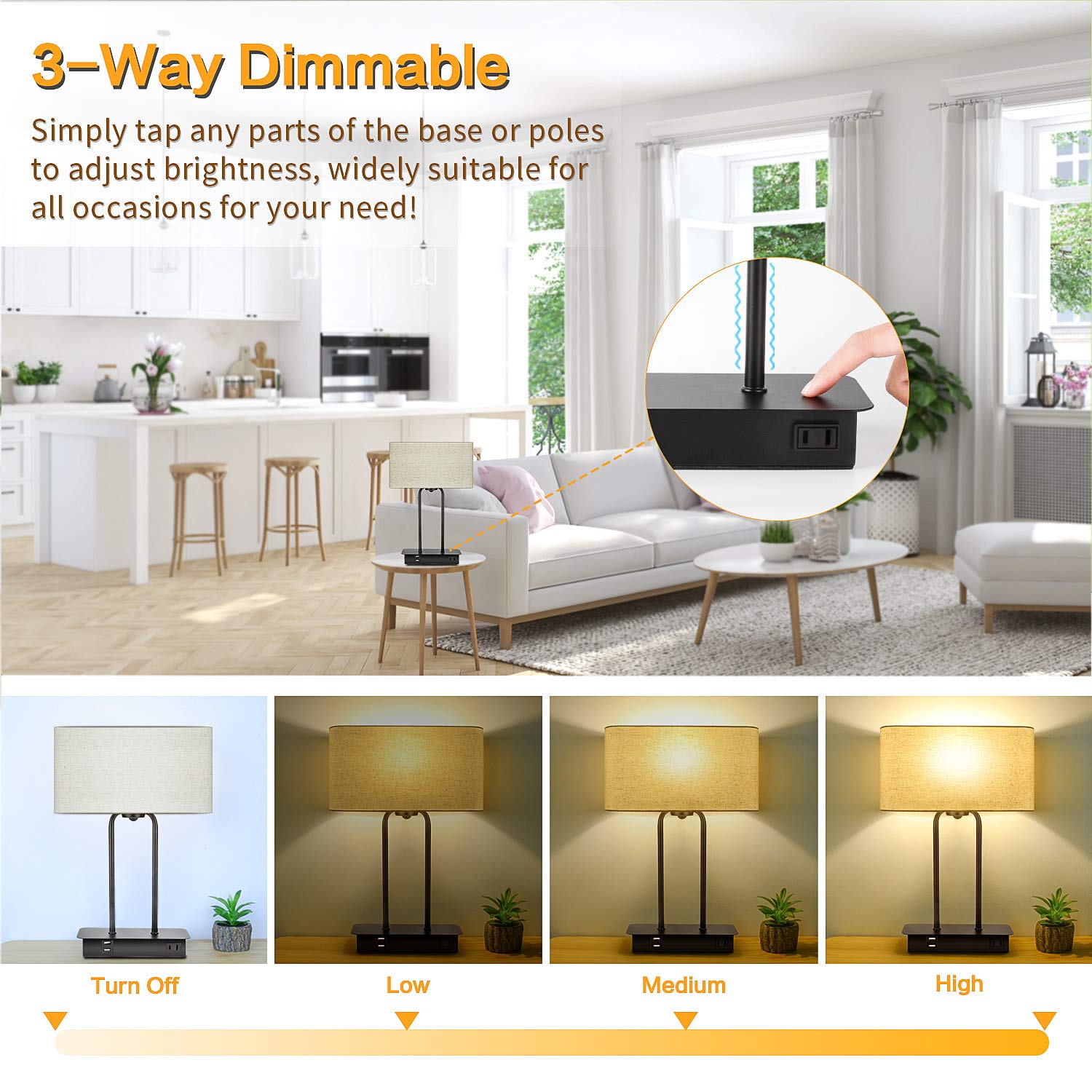 Beslowe 3-Way Dimmable Touch Control Table Lamp With Usb Ports, Cream Fabric Shade, Led Bulb Included