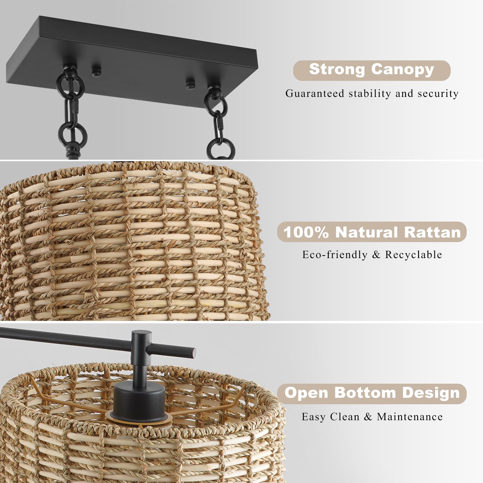 Hlmrchen 41'' Chandelier Woven Rattan Light Fixture With 3 Wicker Lampshades, Large Linear Boho Chandeliers Drum Pendant Lights