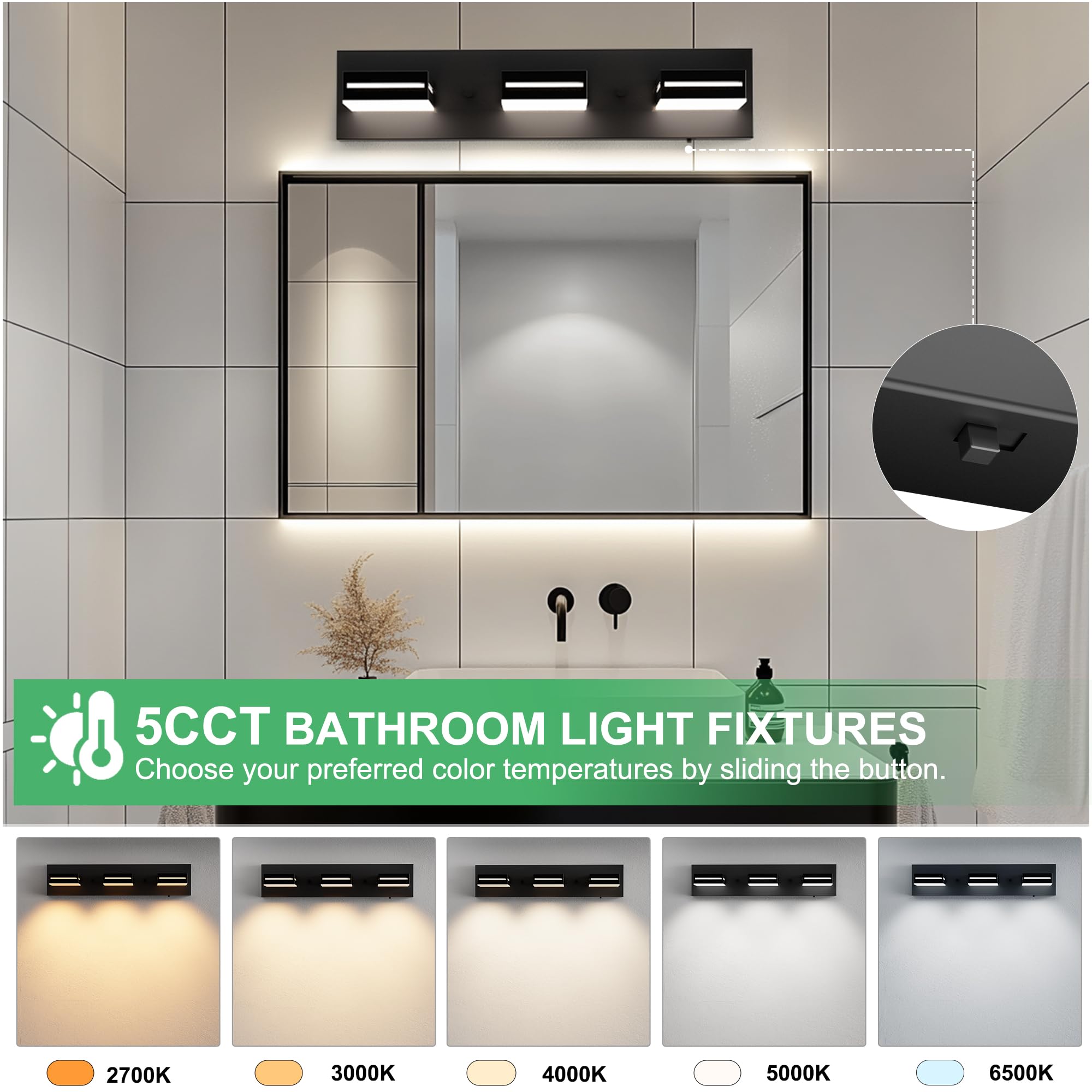Sailstar LED Modern Bathroom Vanity Light Fixture, 5CCT 24W 3-Light Bathroom Lighting Fixtures Over Mirror, Dimmable Acrylic Van