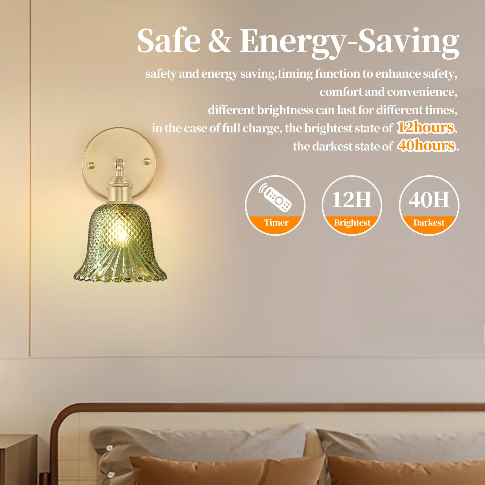 GEEZO Vintage Battery Operated Wall Sconce, Rechargeable Light with Remote, Ripple Green, Polyester, Model GEEZO-Y-12, 1 Pack