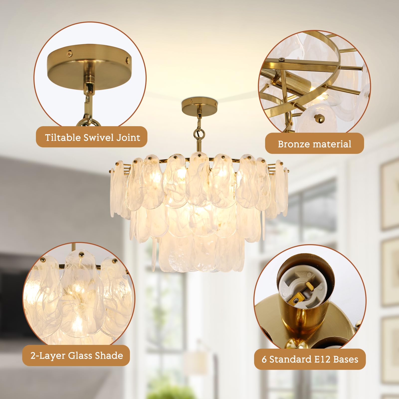 KELUOLY Modern Gold Chandelier, 17.7" Glass Light Fixture, 6-Light Round Ceiling Pendant for Bedroom, Dining Room, Living Room