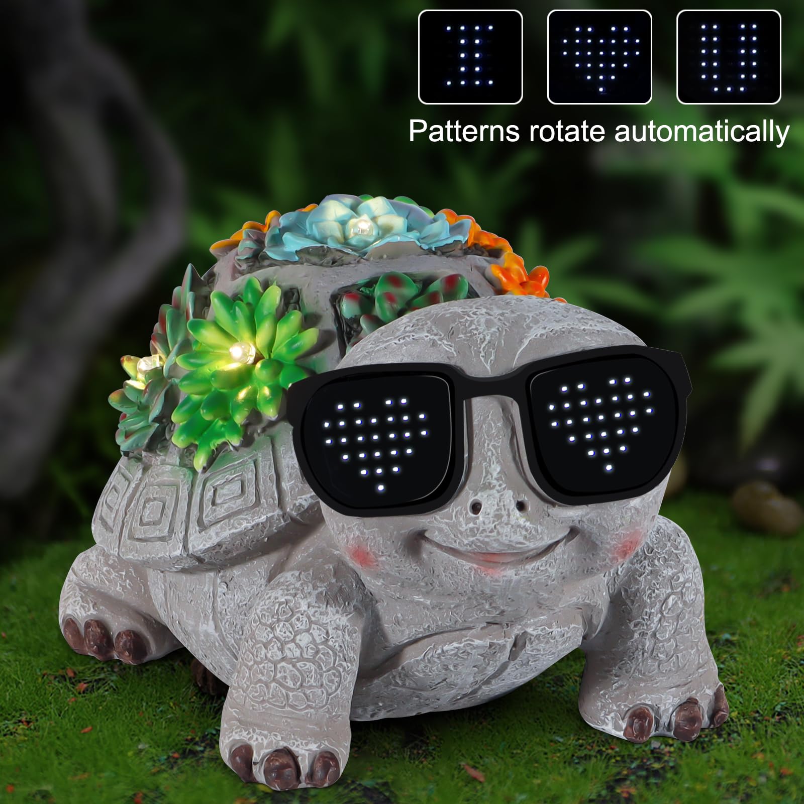 Pawatee Solar Garden Turtle Statue with Succulent & LED Lights, Gray, 7.48x4.92x4.72in - Unique Outdoor Decor for Patio & Lawn