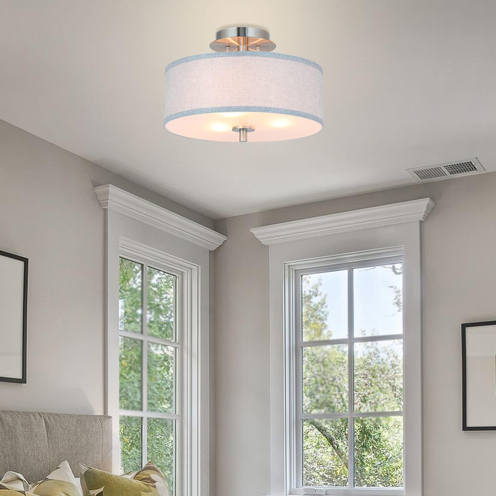 Xinbei Lighting Semi Flush Mount Ceiling Light, 3 Light Drum Light Fixture With Linen Fabric Shade Brushed Nickel For Living Roo