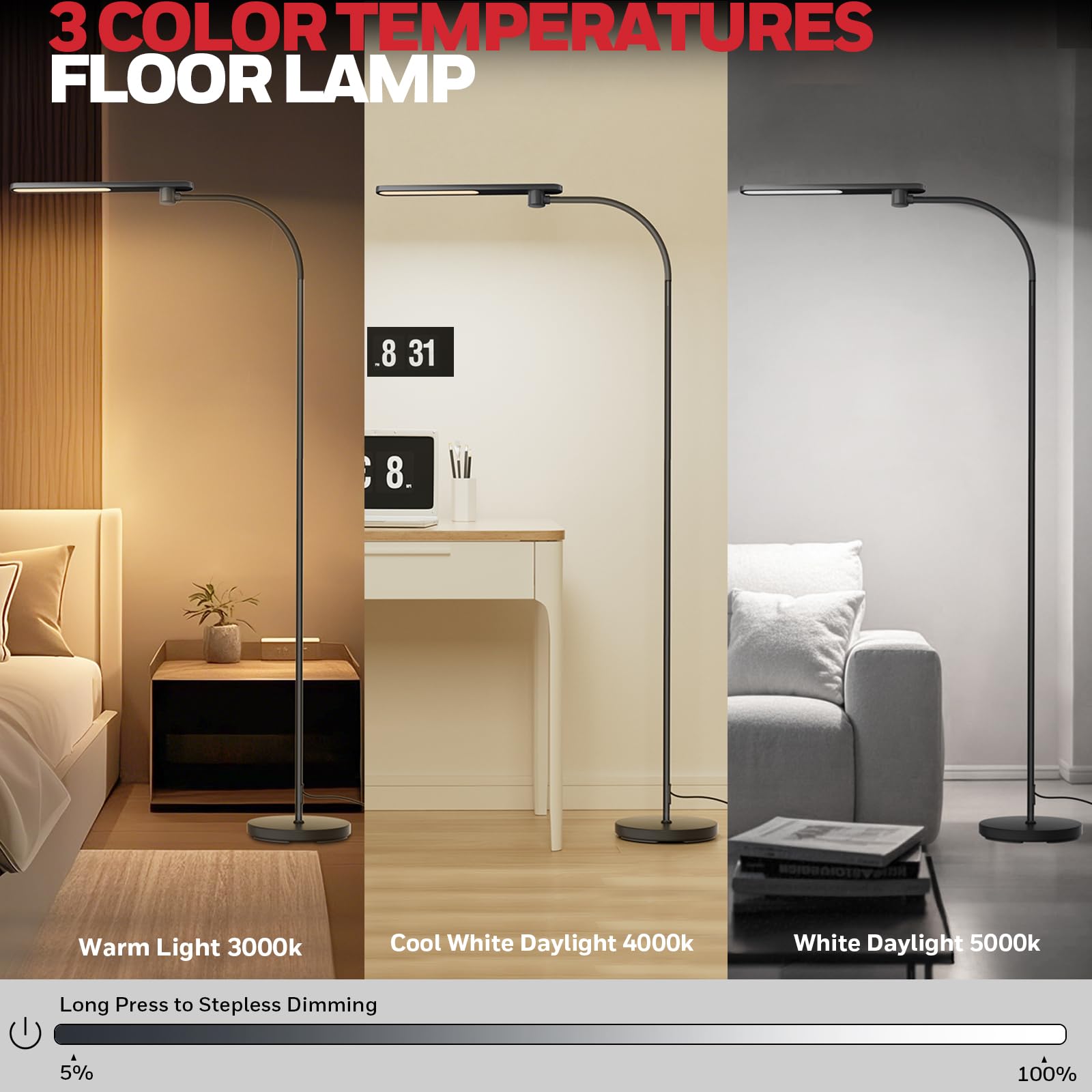 Honeywell LED Floor Lamp F4 Sunturalux Gooseneck Black Modern Dimmable Reading Light for Living Room Bedroom Office