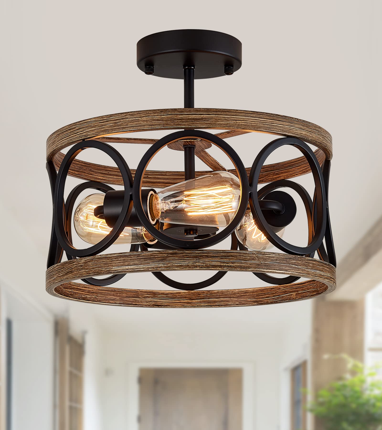 MEIXISUE Semi Flush Mount Modern Farmhouse Ceiling Light Fixtures,3-Lights Black and Retro Wood Finish,Drum Shade Rustic Light F