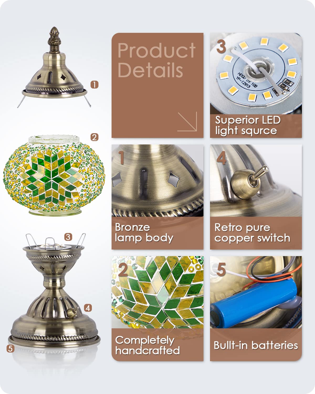 Yarra-Decor Turkish Moroccan Lamp, Handmade Tiffany Mosaic Glass, Portable Bedside Lamp, Rechargeable 2000mAh Battery, Green2