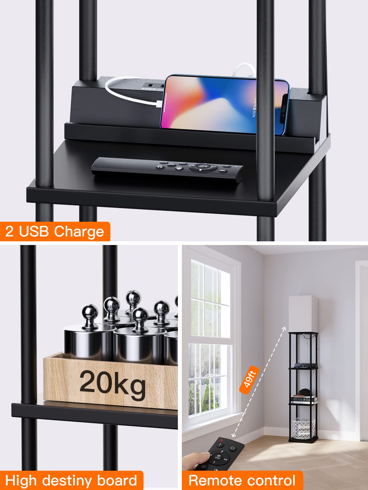 addlon Floor Lamp with USB Ports & Power Outlet, Remote Control, 4-Tier, Metal, Black