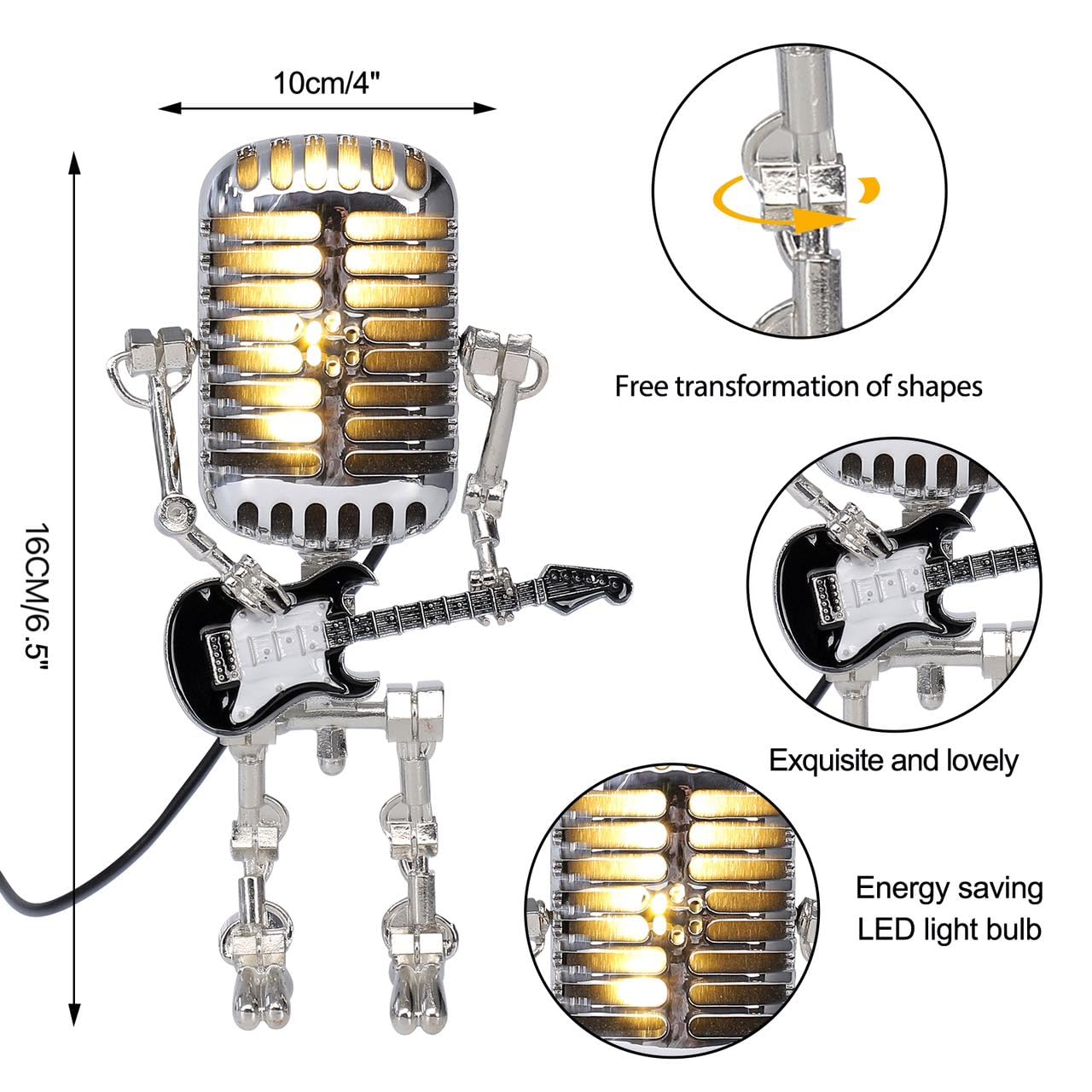 Xmpmrb Vintage Microphone Robot Lamp, Metal Desk Lamp, Black, Model 001, Music Gifts for Men, Home Decor