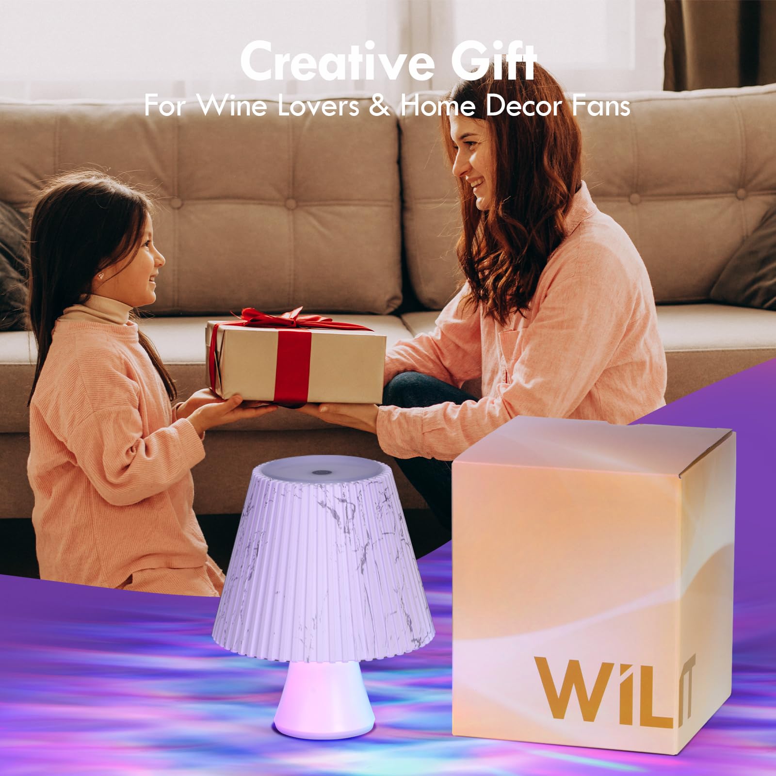 WILIT Wireless Bottle Lamp Shade, RGB Color Changing LED Night Light, 5.12x5.12x6.1 inches, Dynamic RGB-Marble, Gifts for Teens & Women