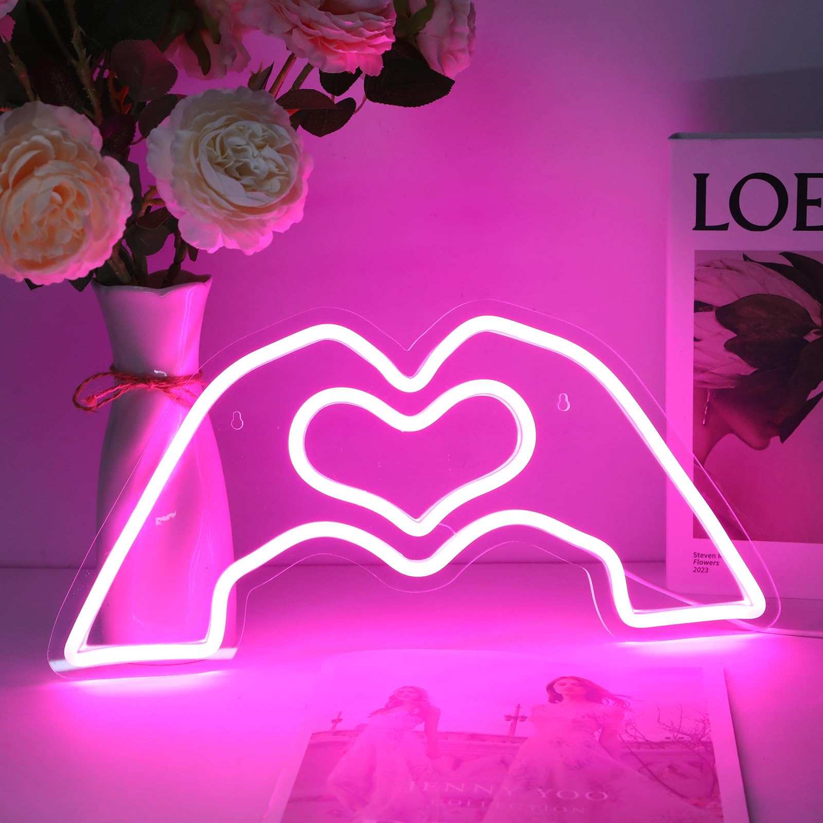 HMASYO Heart Hands Neon Sign - LED Wall Art with Dimmer, 15.7in, Pink Acrylic, Model 2411A, Ideal for Music Lovers, Parties, and Decor