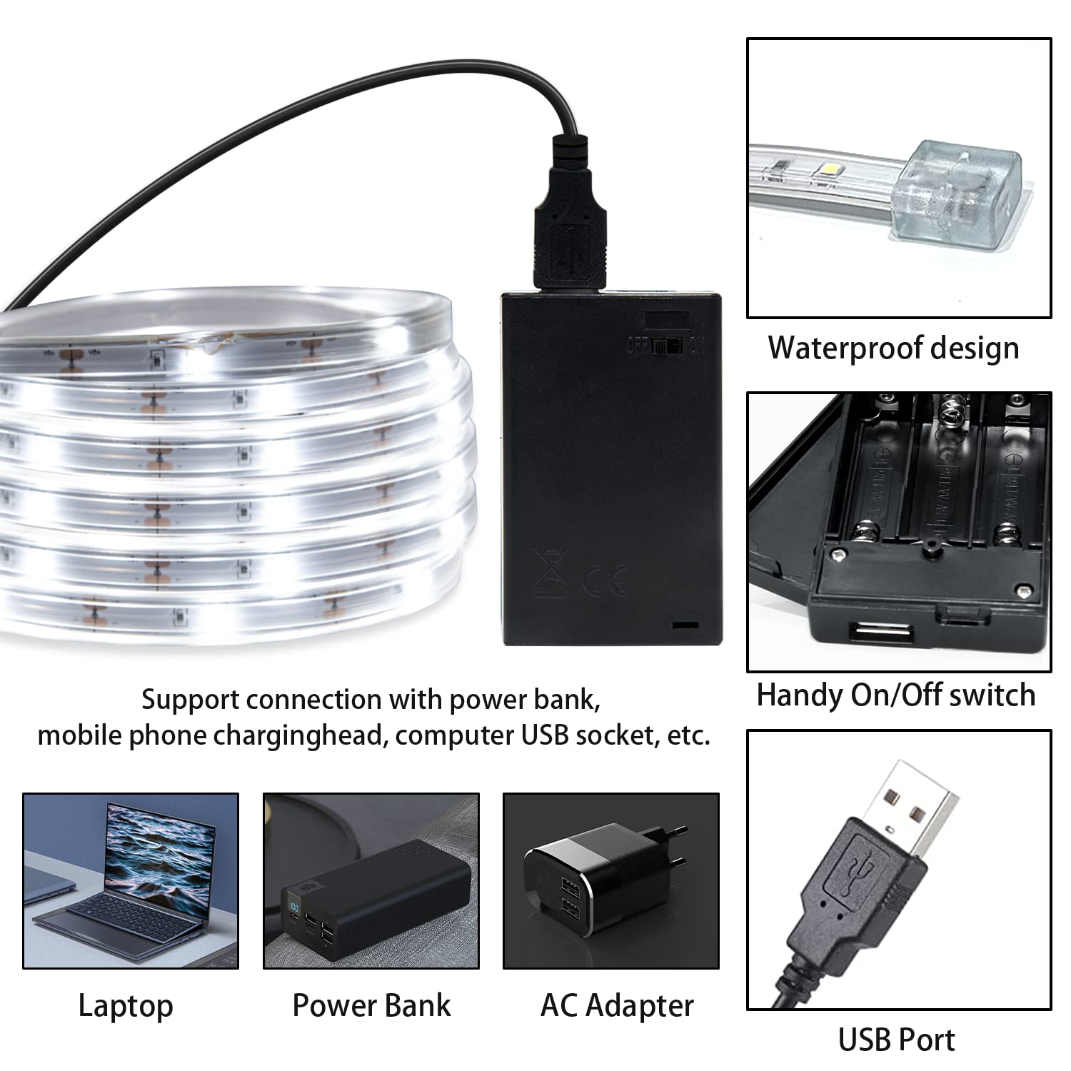 Eugobrten Led Rope Lights Outdoor Waterproof Battery Led Strip Lights, 16.4Ft Flexible White Led Strip Lights Battery Powered Brighter Battery Powered White Lights For Camp Party Bedroom Tv