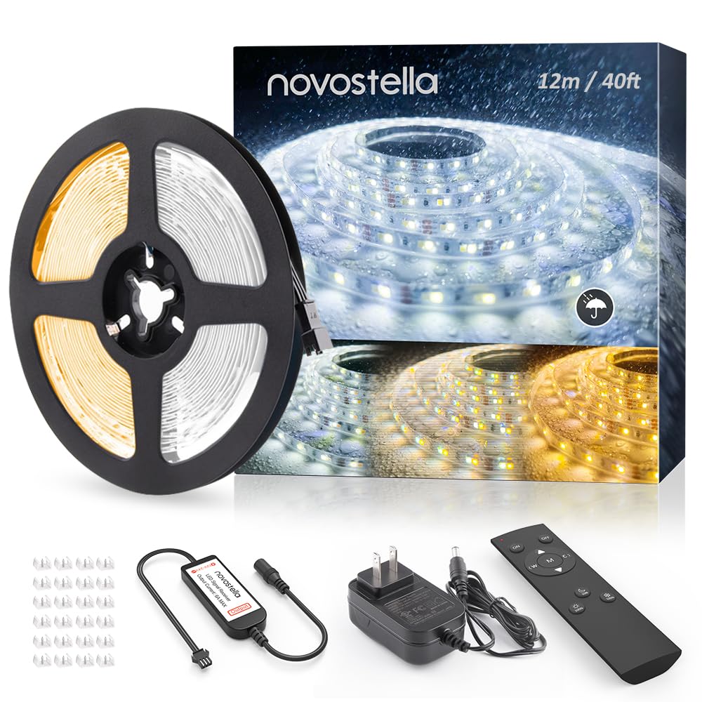 NOVOSTELLA 40ft Waterproof Tunable White LED Strip Lights, Dimmable Flexible Rope Light 3000K-6500K 12V Tape Light with Remote, 
