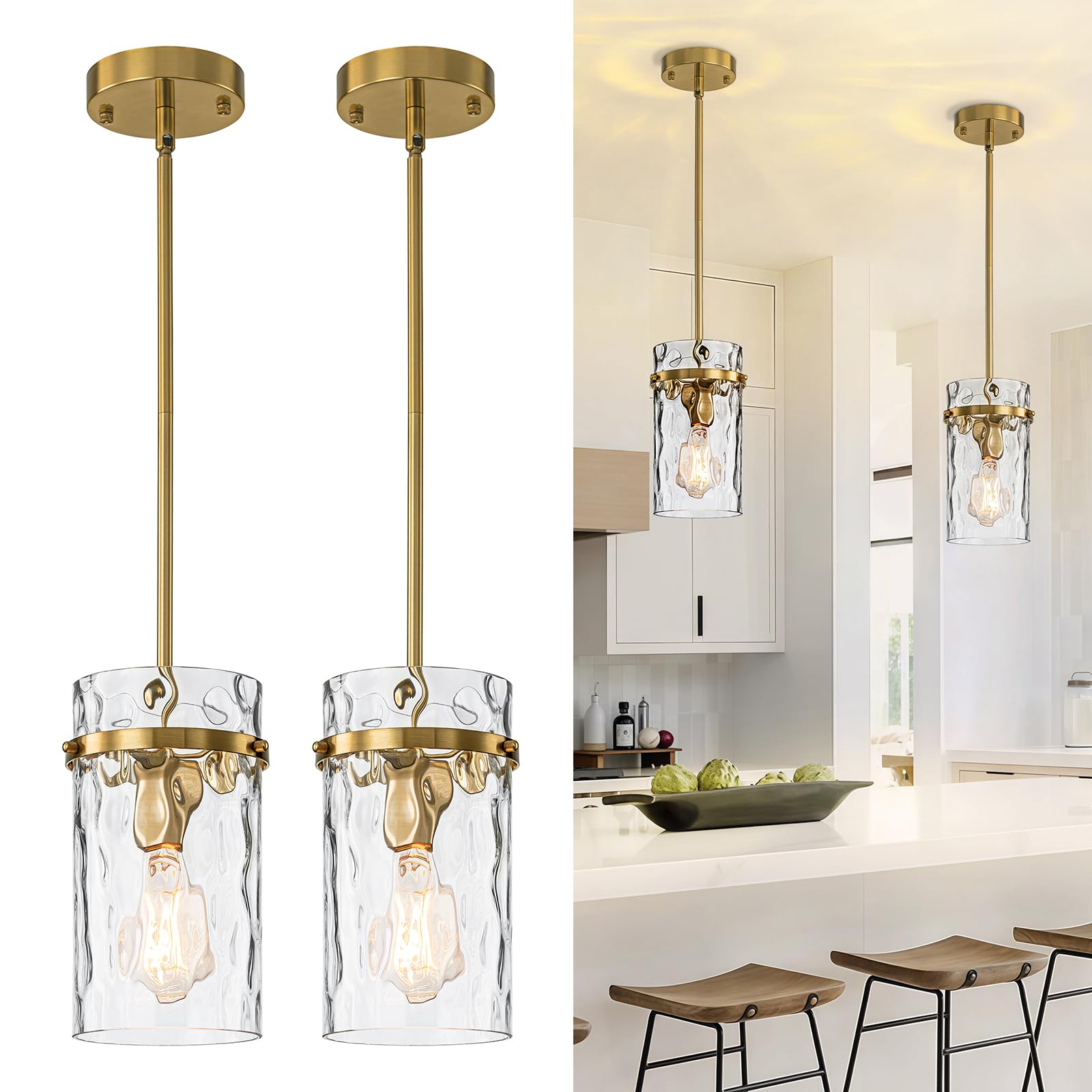JIMKIGTO 2 Pack 5.5 Brass Hammered Glass Pendant Light  Brushed Gold Island Pendant Lights Adjustable Mdern Pendant Light Fixtures Dining Room Farmhouse Chandelier Pendant Kitchen Lighting