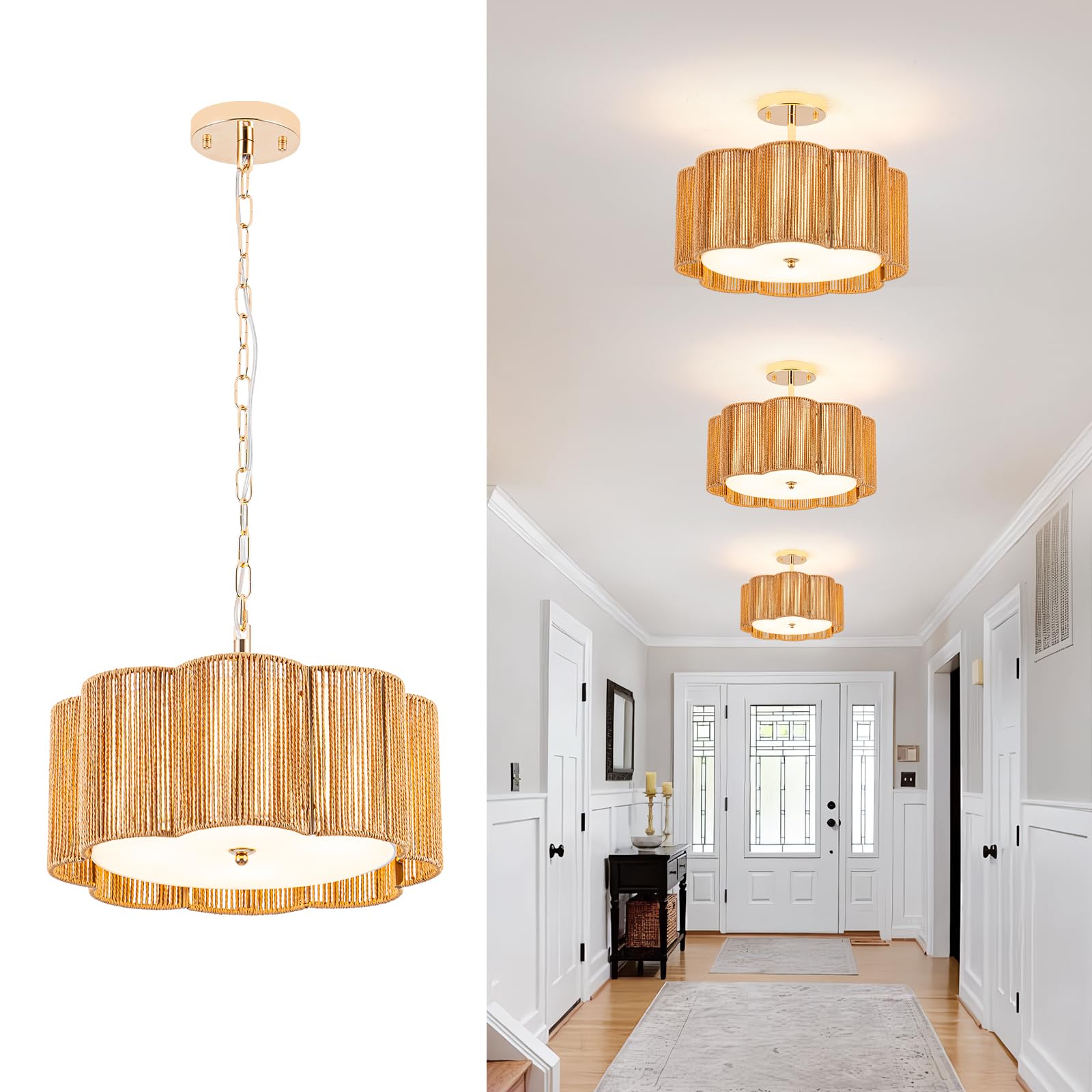 Tbaoinla Plum Linear Weave Rattan Ceiling Light & Chandelier (16.5'' 4-Light) Flush Mount Flush E26 & 3D Woven Fireproof Pc Pane