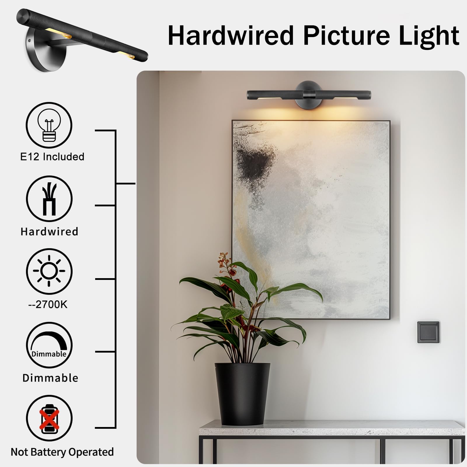 Hard-Wired Knurled Picture Light, 19In Black Picture Light For Wall, Dimmable Art Light, Rotatable 360 Picture Frame Light, Pain