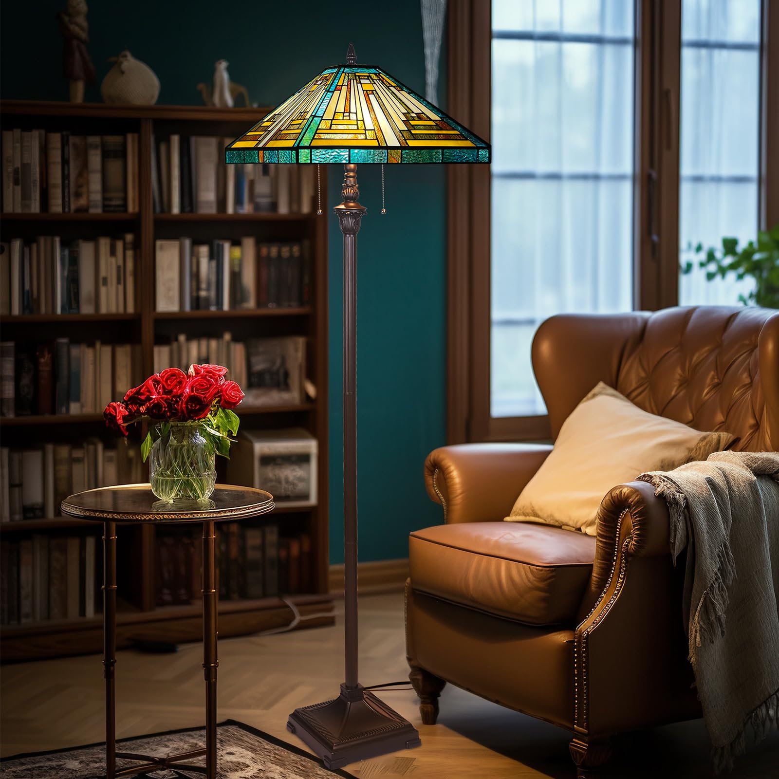 Capulina Tiffany Floor Lamp 2-Light, 63" Antique Style Stained Glass, Amber Green, Model CL164474FL, Ideal for Living Room & Bedroom
