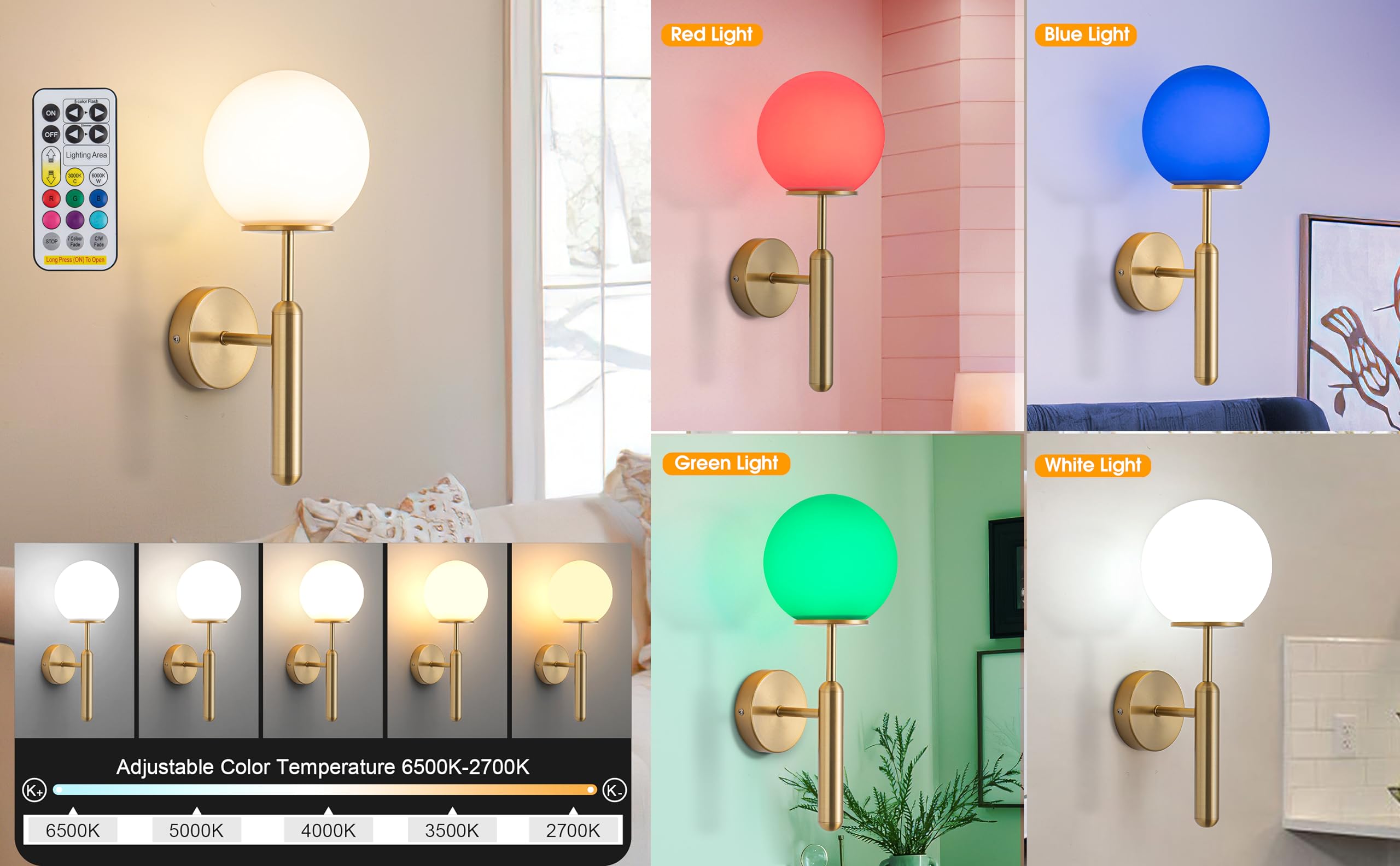 jengush Wall Sconce Set of 2, Dimmable Battery Operated, Glass, Gold, Model WALL-01, Easy to Install for Bedroom or Farmhouse