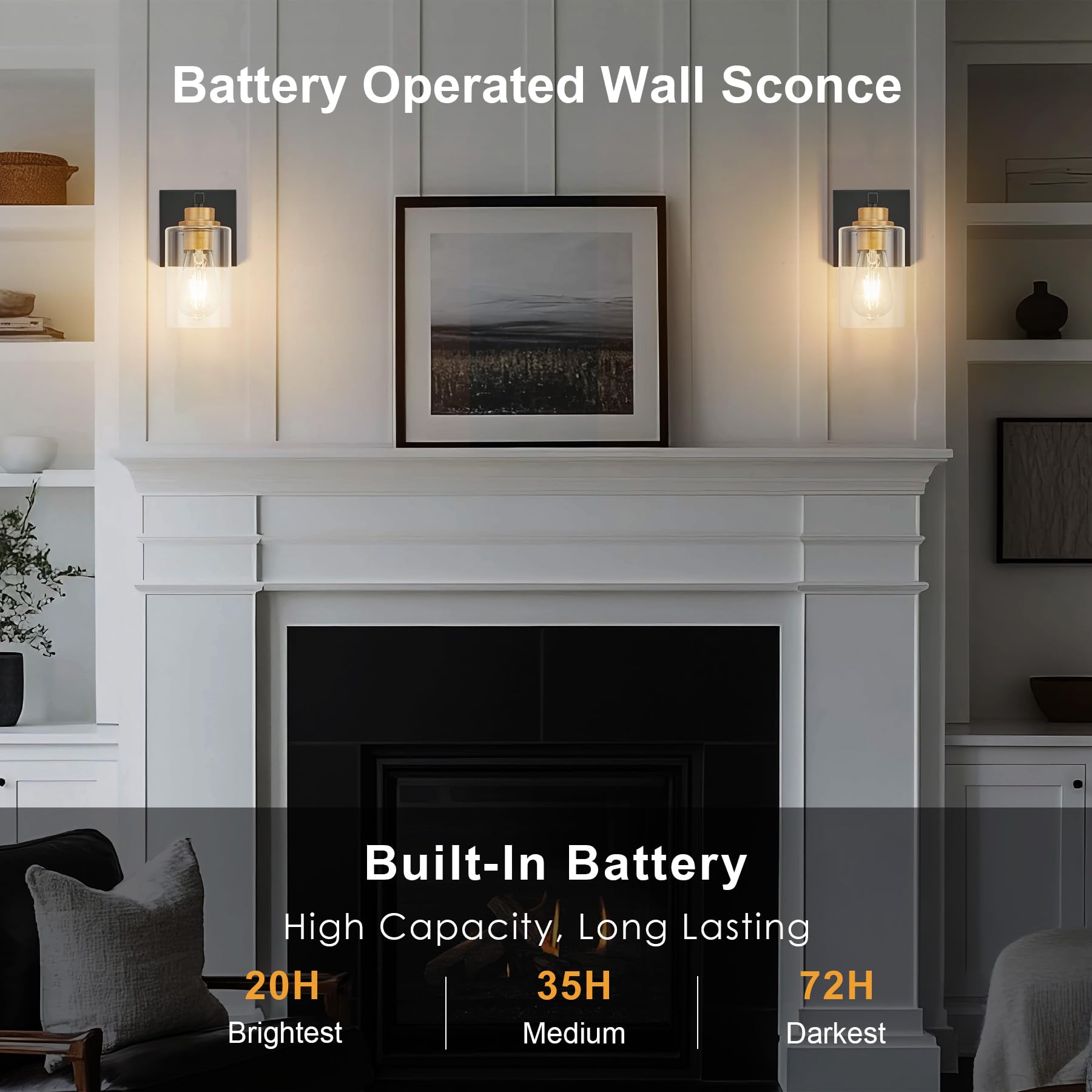 Set of 2 Battery Operated Wall Sconce with Remote Control, Wireless Rechargeable Sconces Wall Decor with Clear Glass, Black & Go