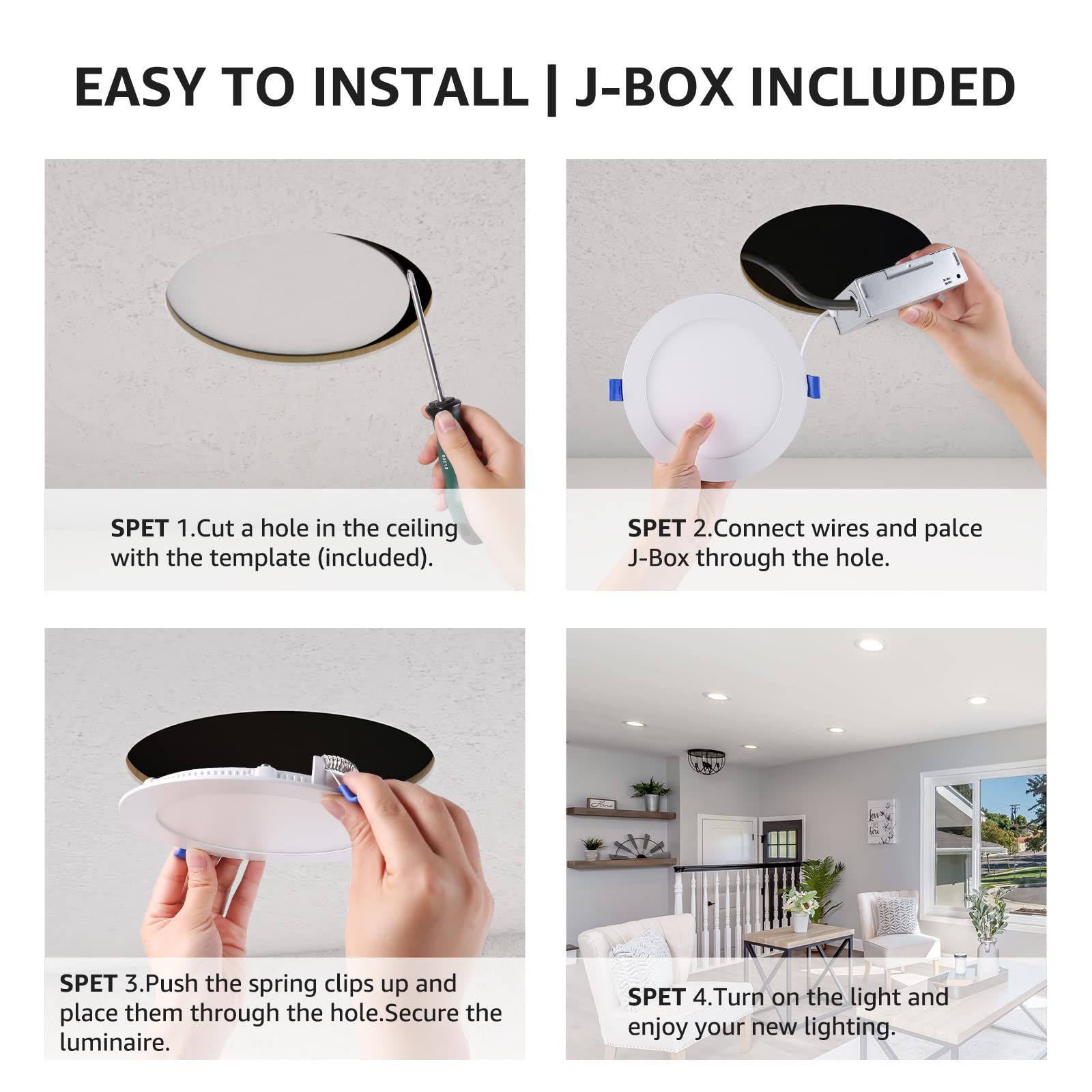 Lepro 12 Pack 4 Inch Canless Led Recessed Light Ultra-Thin, Dimmable Downlight 5000 Kelvin Daylight With Junction Box, 750 Lumen