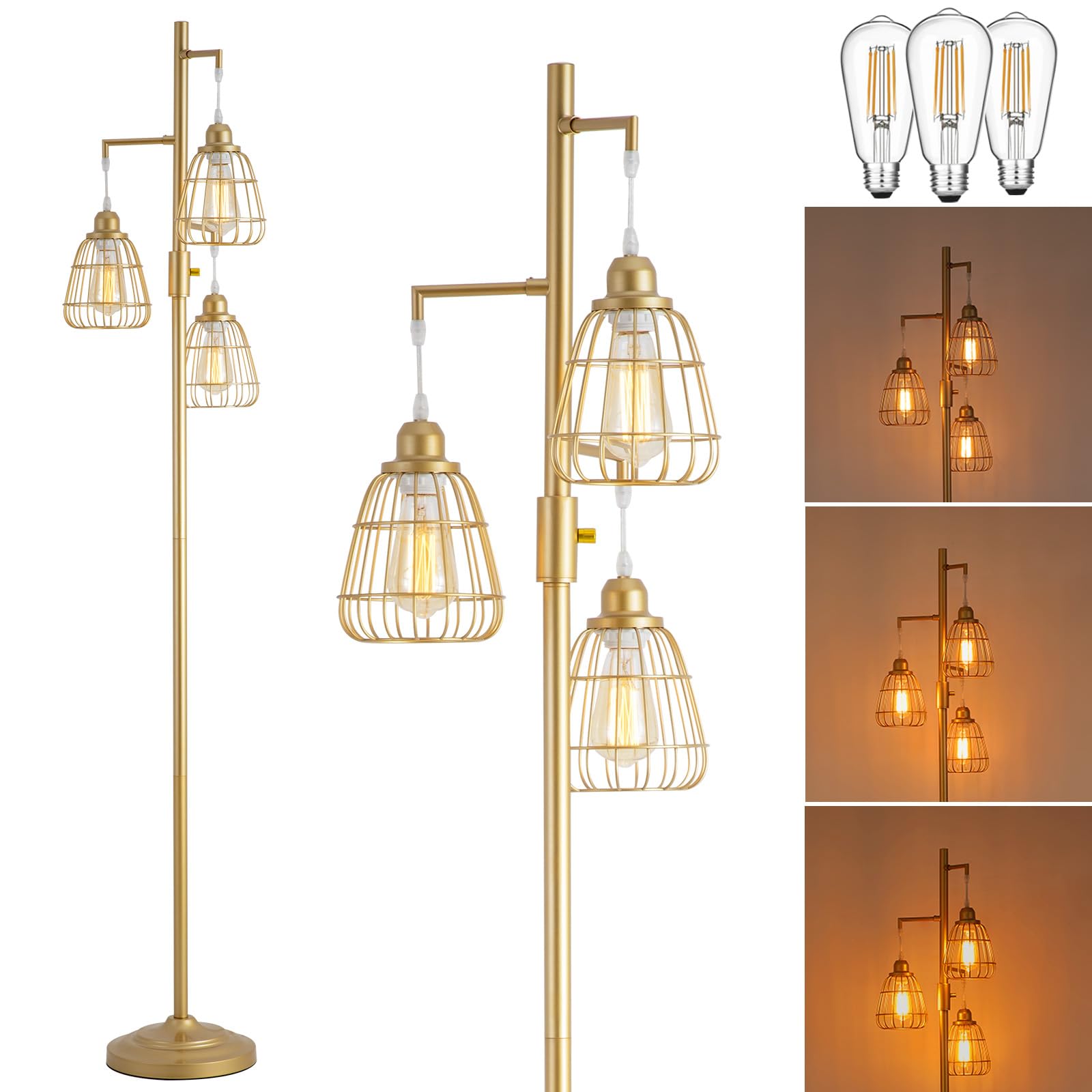 9Mmml Gold Dimmable Floor Lamp,Industrial Farmhouse Tall Standing Floor Lamp For Living Room, Bedroom, Corner,Office,Gold 3 Tear