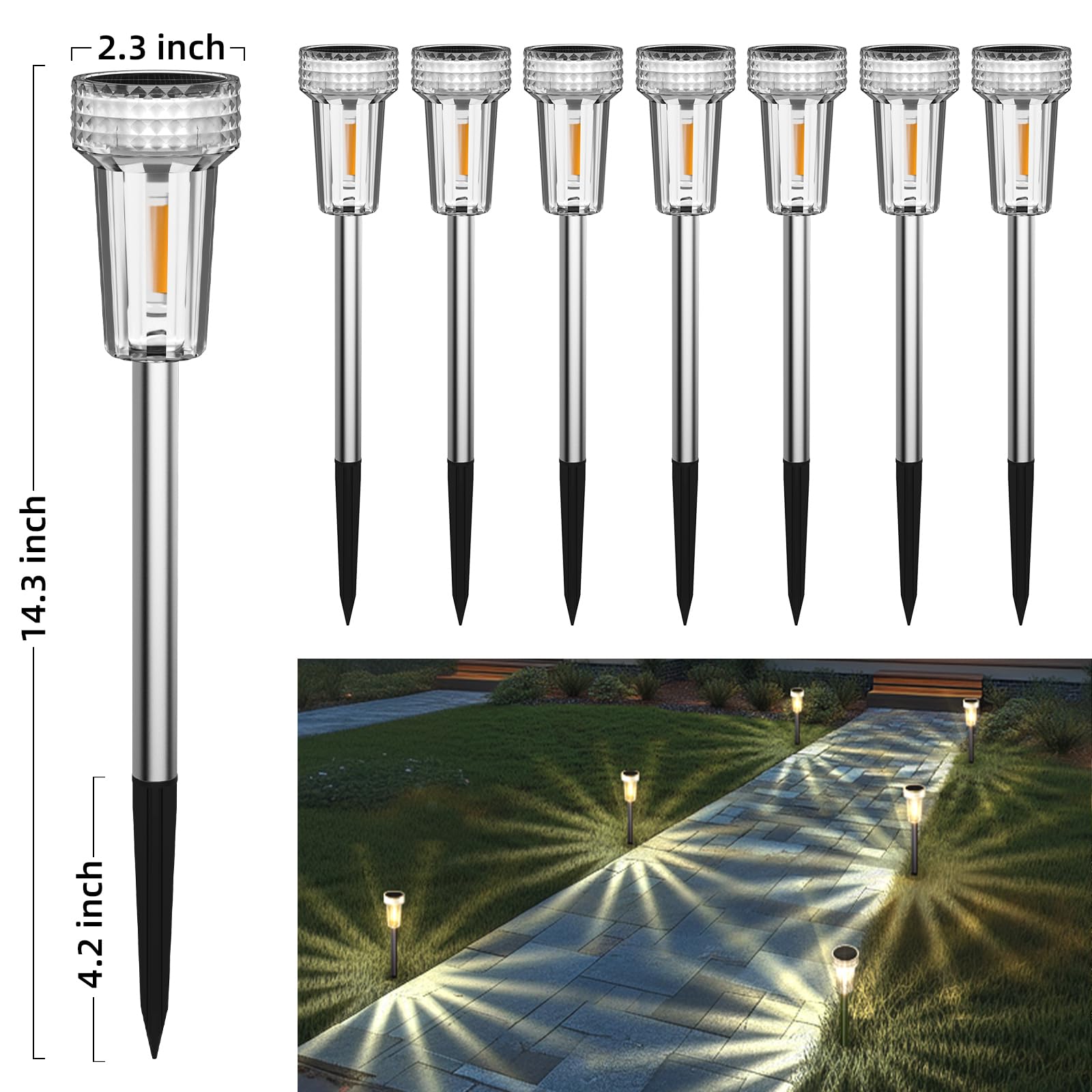 DERAYSION Solar Pathway Lights, 8 Pack Waterproof Stainless Steel, Auto Dusk-to-Dawn, 2700K Warm White, Model XDQ8P-57