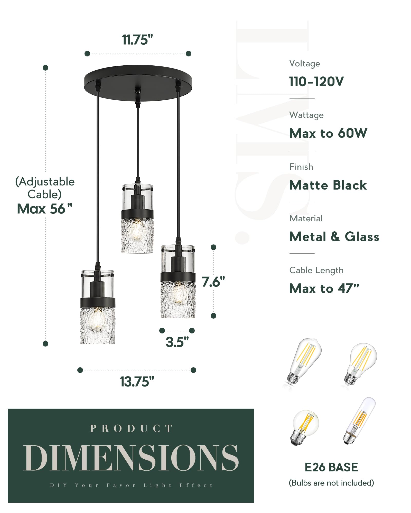 Lms Black 3-Light Pendant Fixtures, Adjustable Kitchen Hanging Light Fixture, Cluster Pendant Lights, Lms-188
