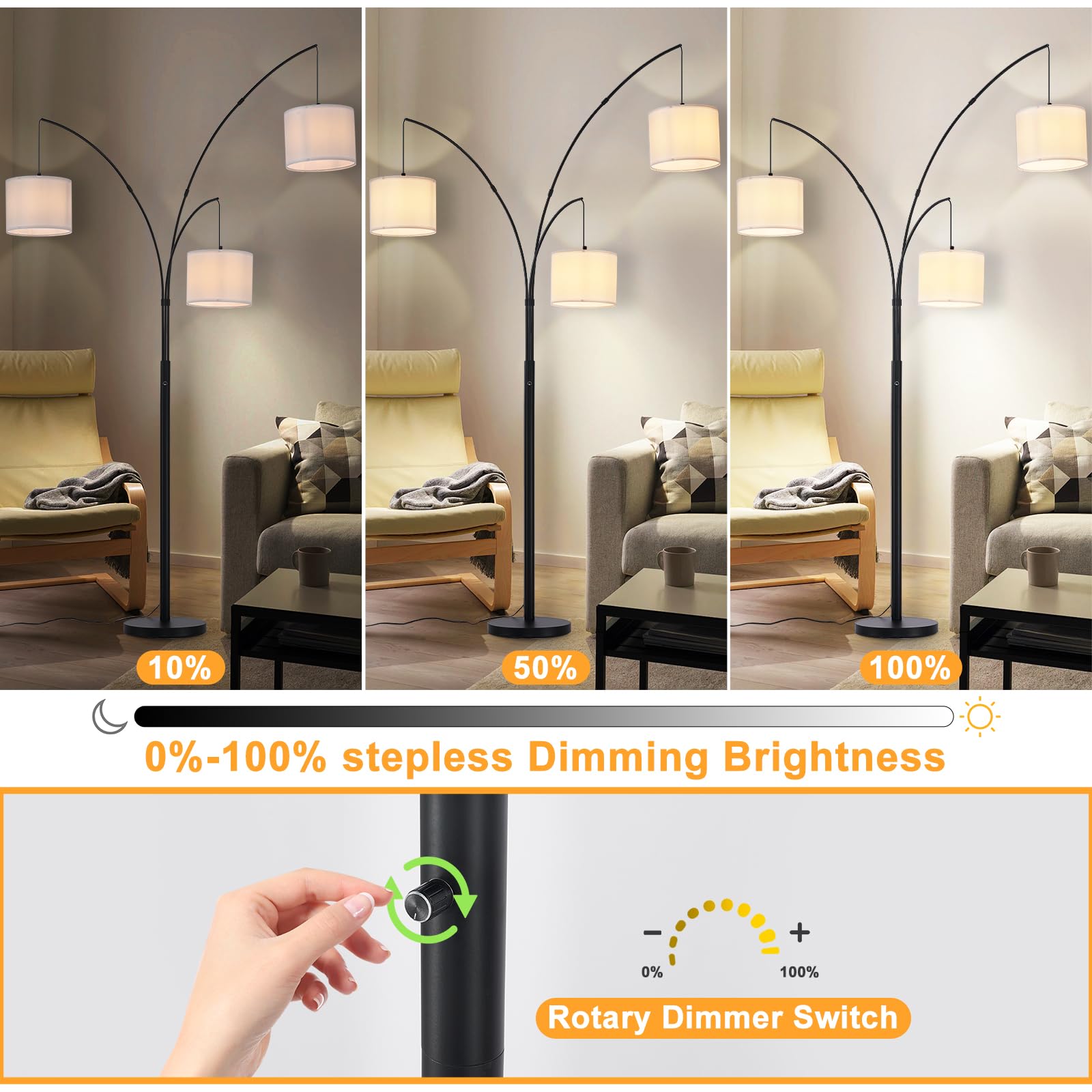 Dllt Modern Floor Lamp For Room: 3-Light Black Tree Dimmable Floor Lamps With White Shades For Living Room - Arc Standing Lamp F
