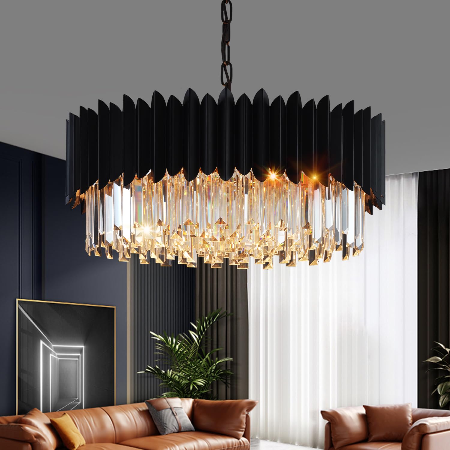 Yolizuot Black Crystal Chandelier 23.62'' K9 Crystal Round Pendant Lights Adjustable 5-Tier Large Modern Crystal Chandelier For 