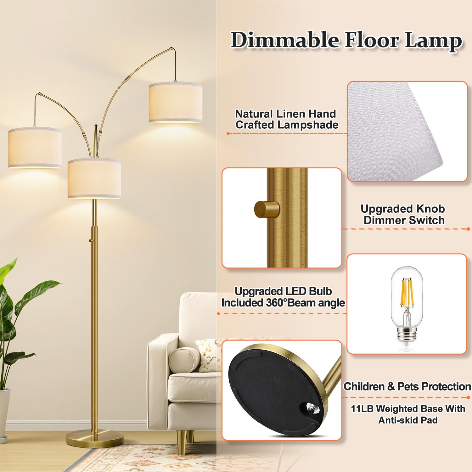 Dimmable Floor Lamp - 3 Lights Brass Floor Lamps For Living Room Linen White Shades & Heavy Base, Mid Century Tree Floor Lamp Fo