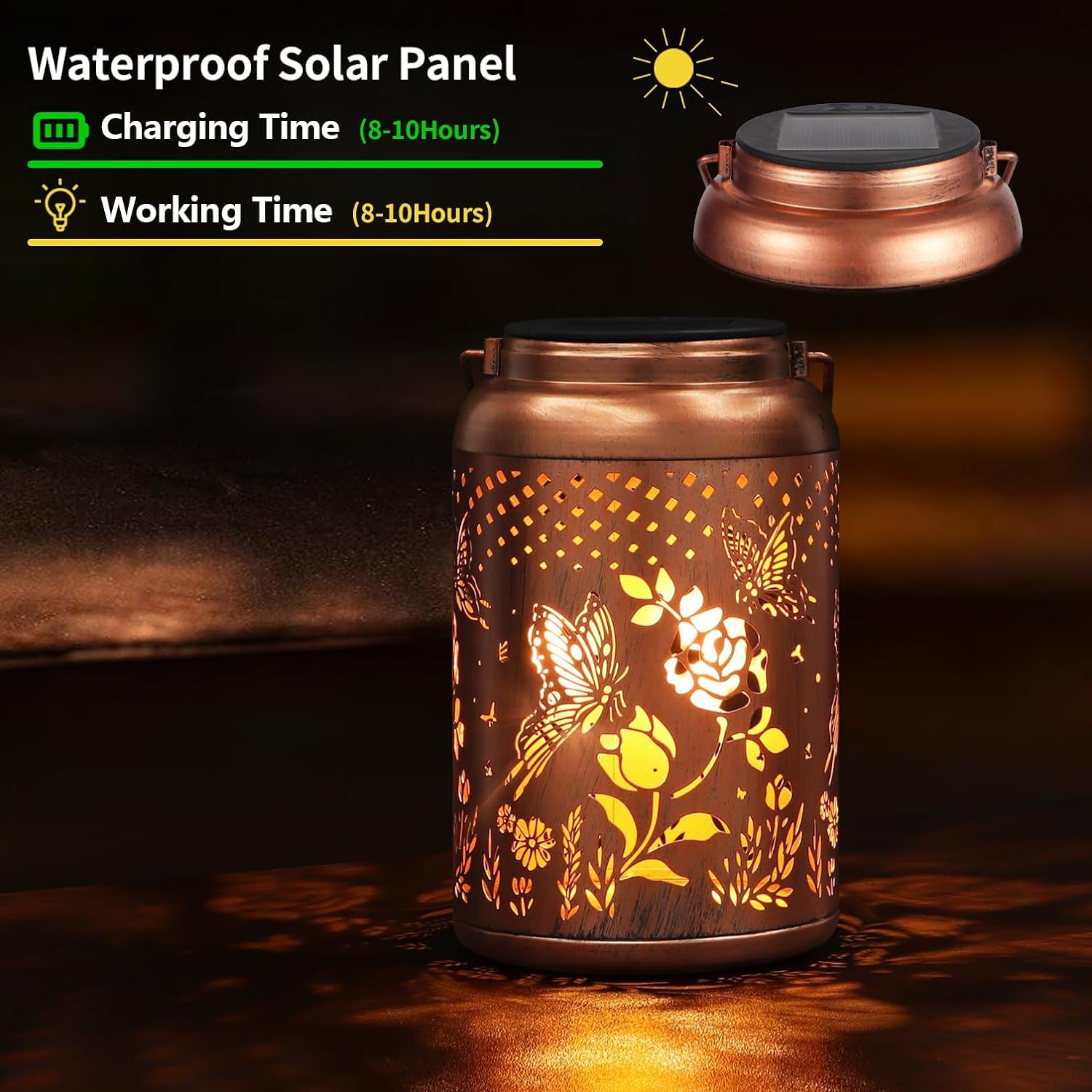 Tepaken Rose Butterfly Decoration Solar Lanterns Outdoor Waterproof Garden Decor Gifts For Women Mon Grandma Metal Hanging Solar Lights For Outside Led Lanterns For Yard, Patio