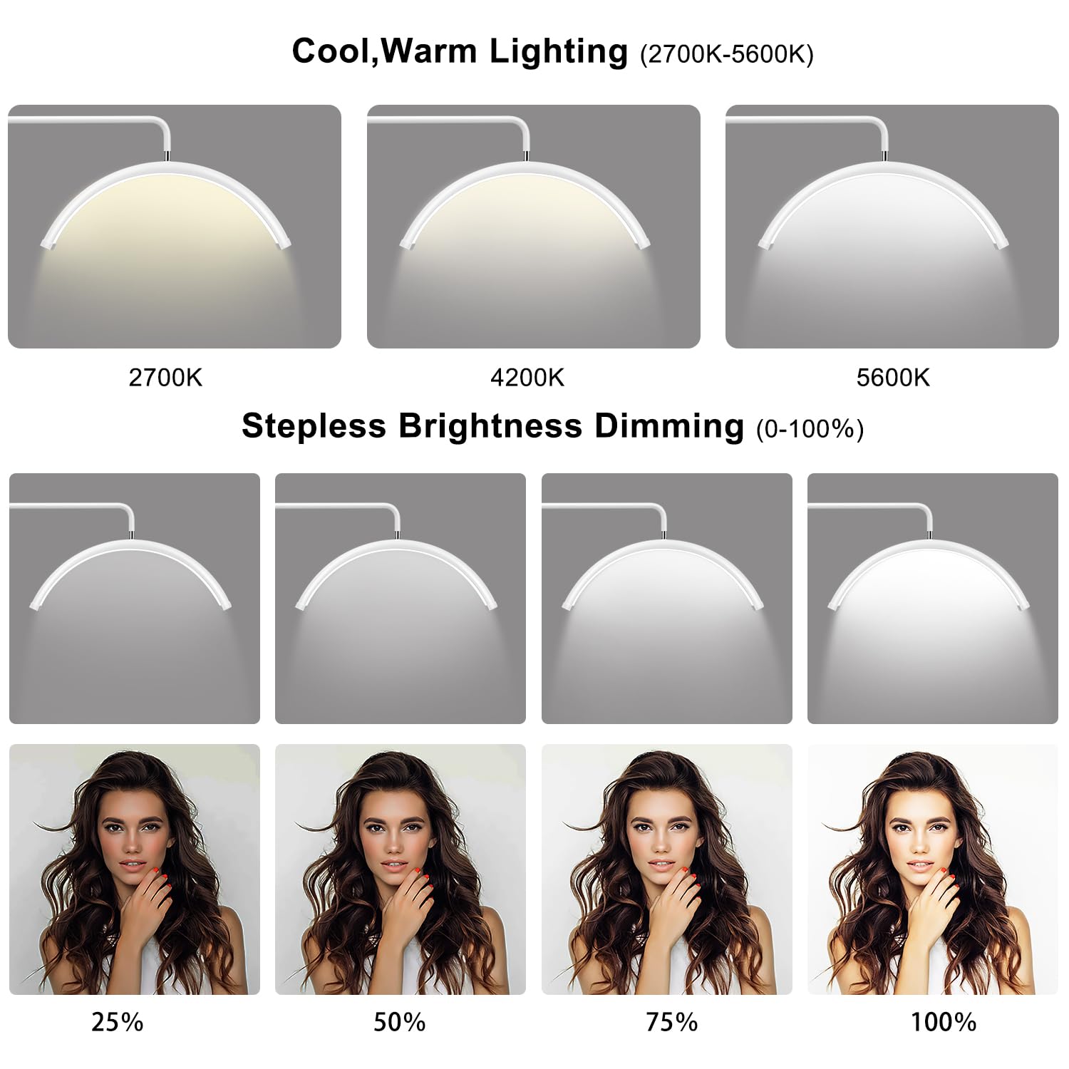 Ebrlaxin Half Moon Light - 22 Inch Led Lash Lamp For Eyelash Extensions For Tattoo Artists  Nail Tech  Esthetician - Cool  Warm Lamp With Adjustable Brightness & Height (White)