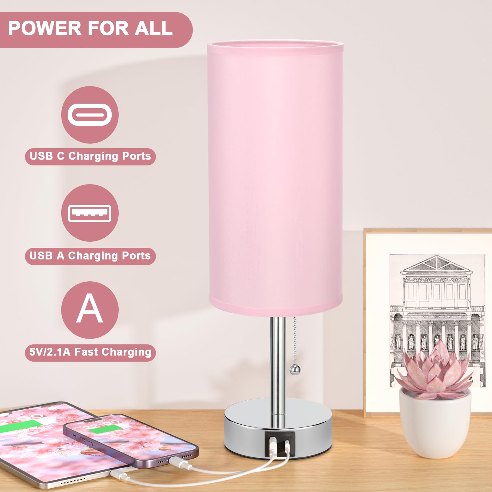 Hong-In Pink Bedside Lamp For Bedroom-Nightstand Lamp With 3 Color Modes With Usb-C+A Charging Ports, 3000/4000/5000K Bedroom La