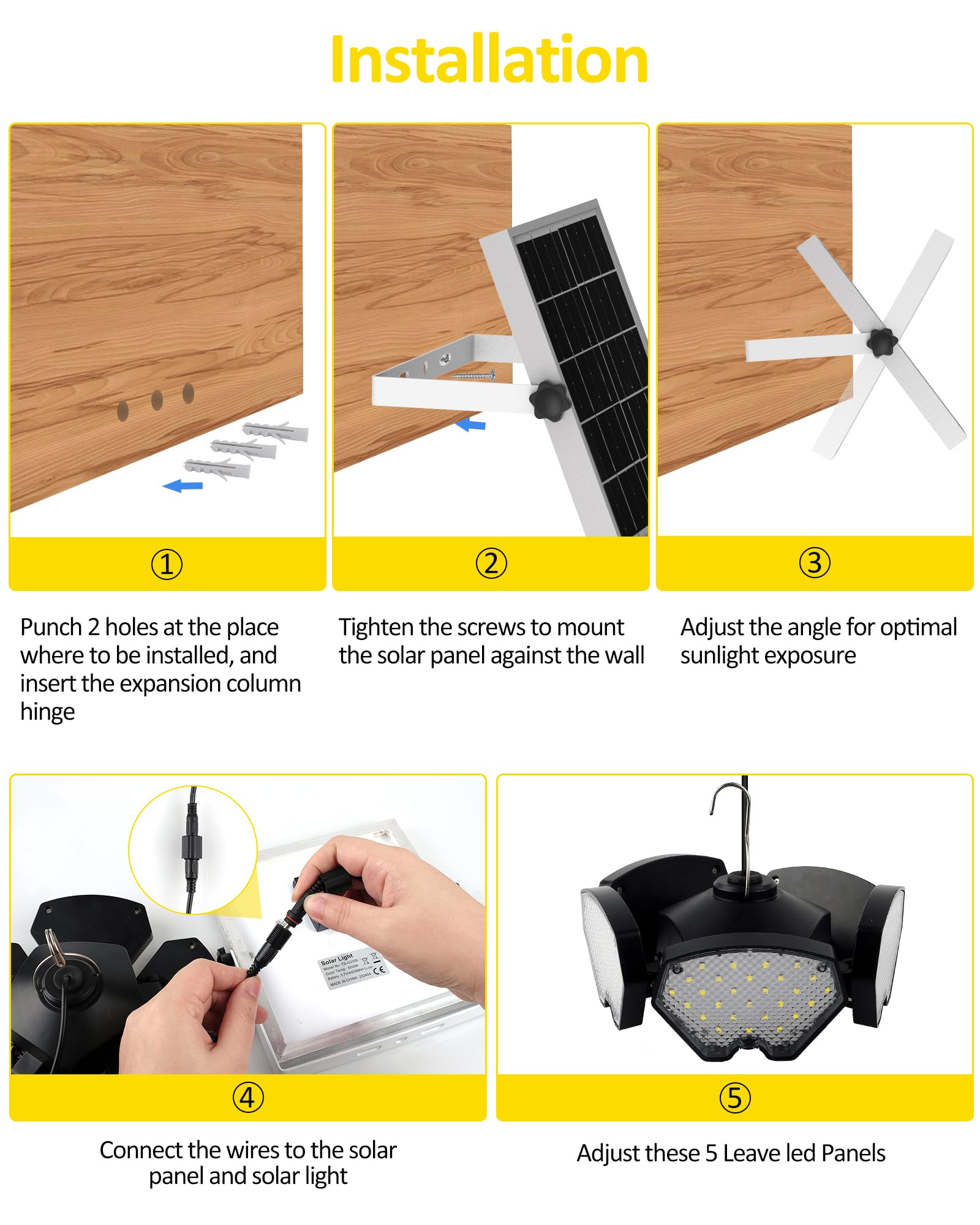T-SUN Solar Shed Lights 5 Heads Motion Sensor Pendant Lamp 1-Pack Cool White Model TS-G2306-60-SM-1P Waterproof Remote Control