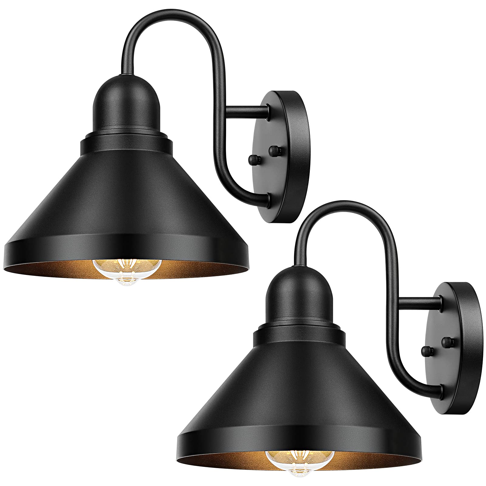 Brightever Gooseneck Outdoor Light Fixtures, 2-Pack, Black Metal Barn Lights, 9.25IN, E26 Base, Anti-Rust