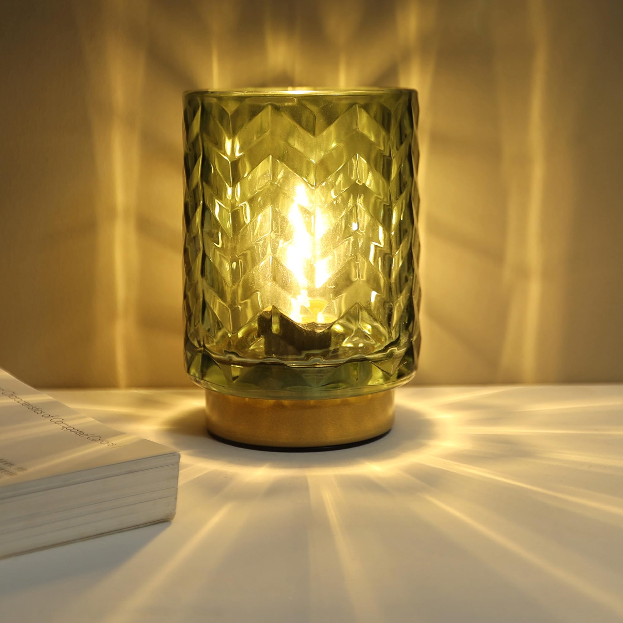 LUSHARBOR Battery Operated Glass Table Lamp, Wave Design, Green Accent Lighting for Living Room, Cordless Bedside Decor