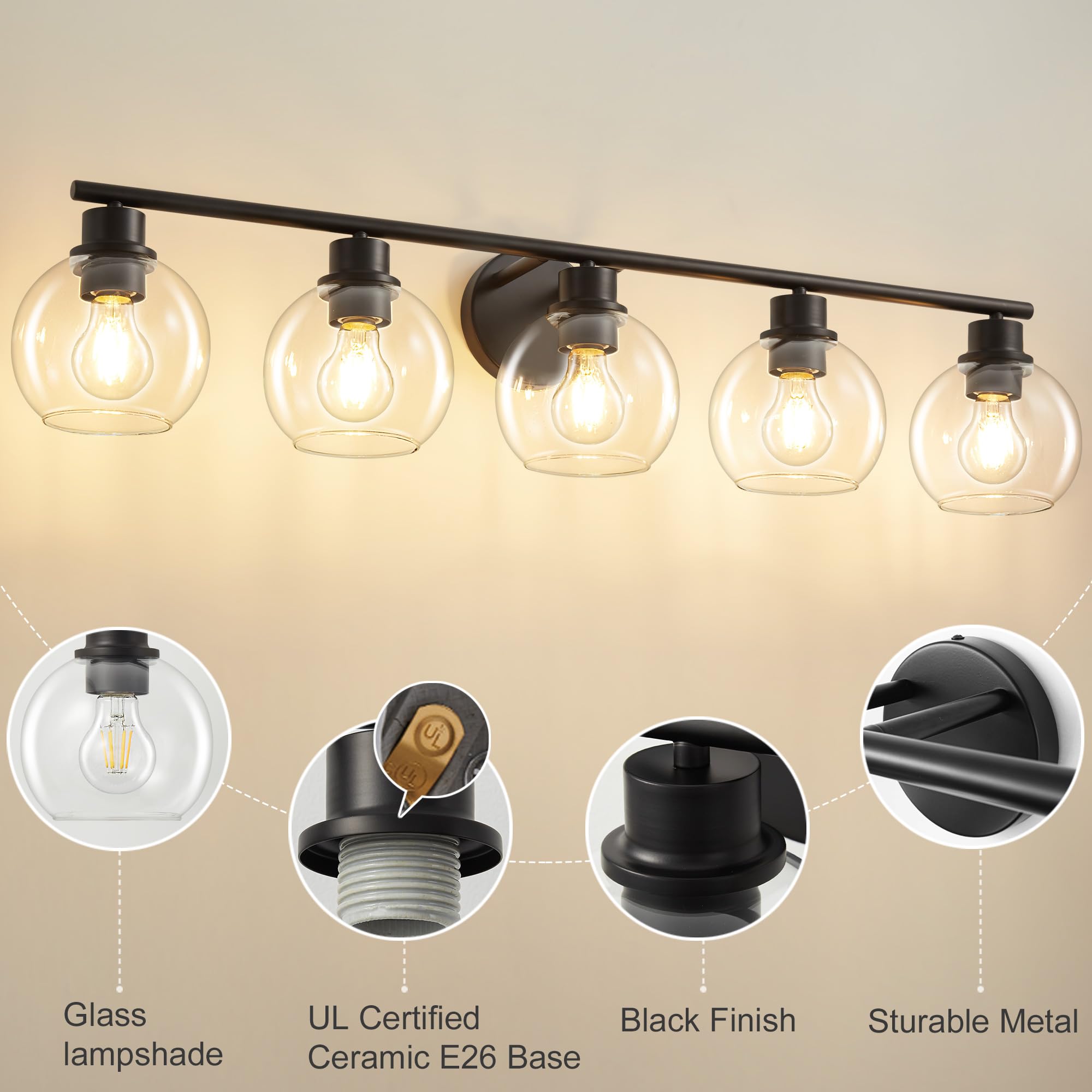 Lanmate 5-Light Bathroom Vanity Light Fixture, Modern Black Wall Sconce with Clear Glass Shades, 37.4 inch, Model L1746